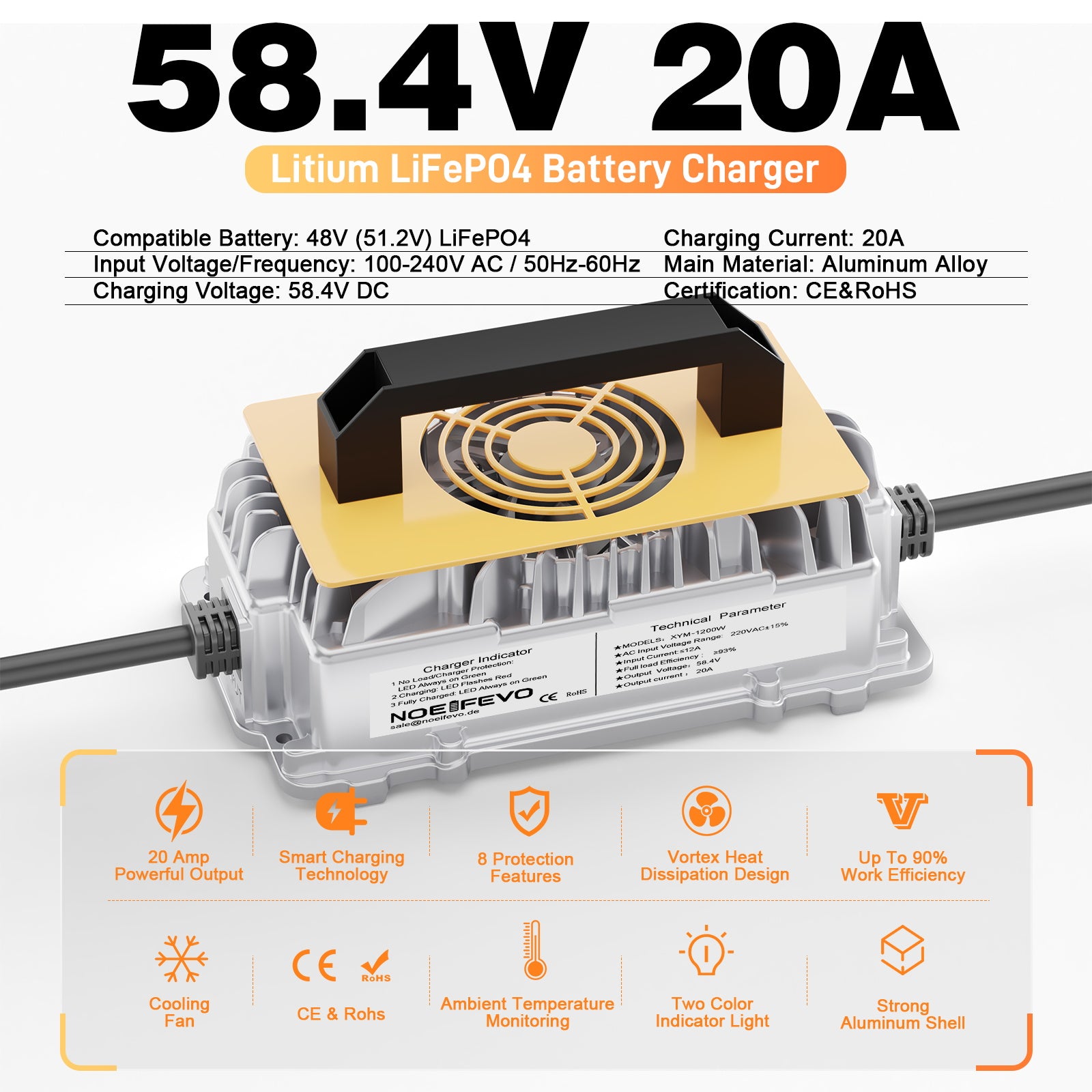 NOEIFEVO 58,4 V 20A Lifepo4 litio de batería de Cargador para batería de 48 V (51,2 V) 16 S, resistente al agua, activación BMS de 0 V, apagado automático con protección total