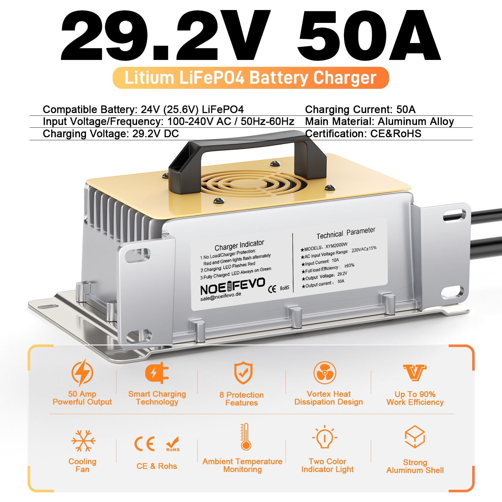 NOEIFEVO 29,2V 50A hurtiglader for 24V 25,6V Lithium LiFePO4-batteri, vanntett, 0V BMS Aktiver