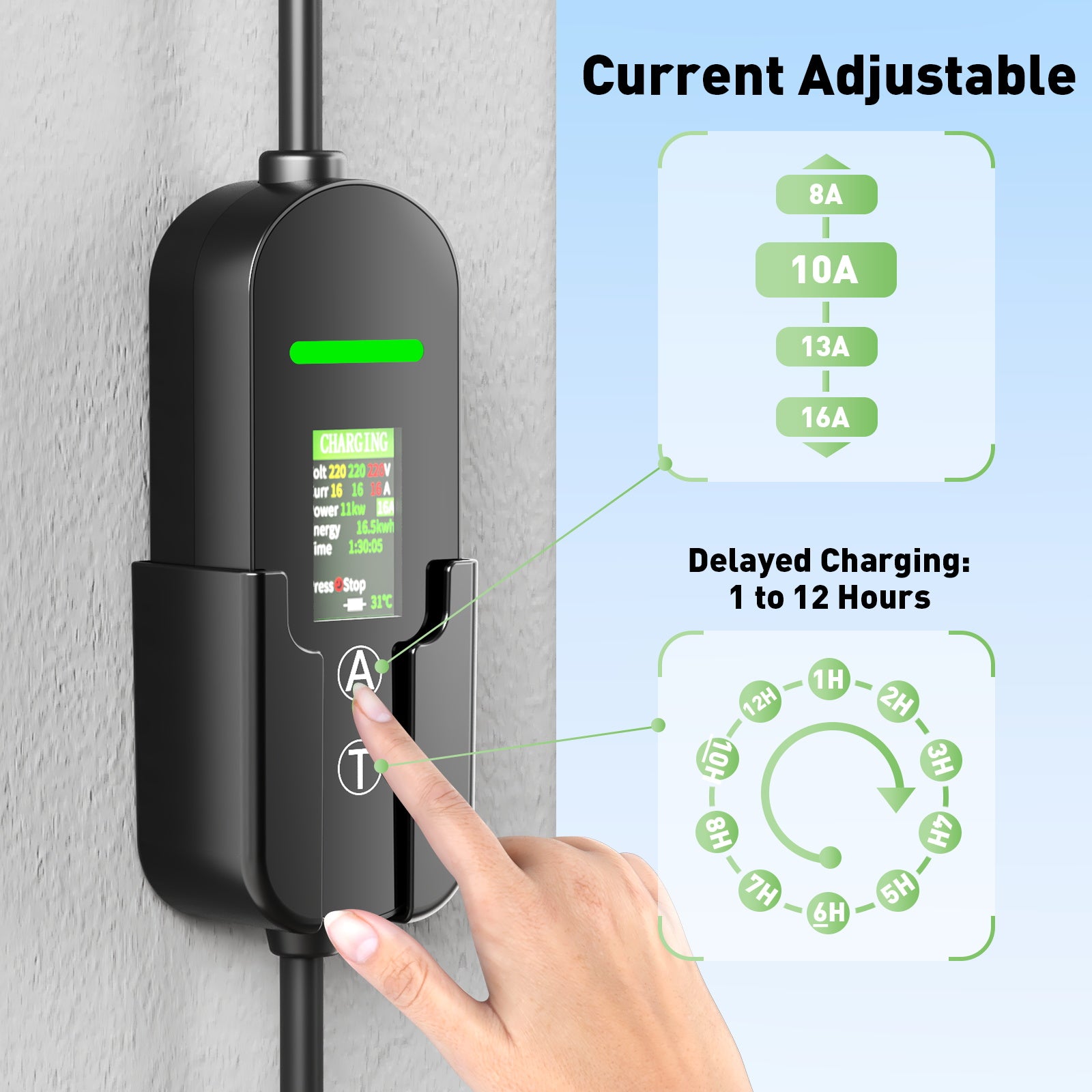 NOEIFEVO Typ2 Mobile Wallbox/Ladestation 11 kW 3-Phasen, 6-16 A Einstellbarer Ladestrom, 1-12 Stunden Verzögerungs-Ladung, CEE 16A auf Typ2 Tragbarer EV-Ladegerät mit 5m Ladekabel, Für alle Typ2 EV & PHEV