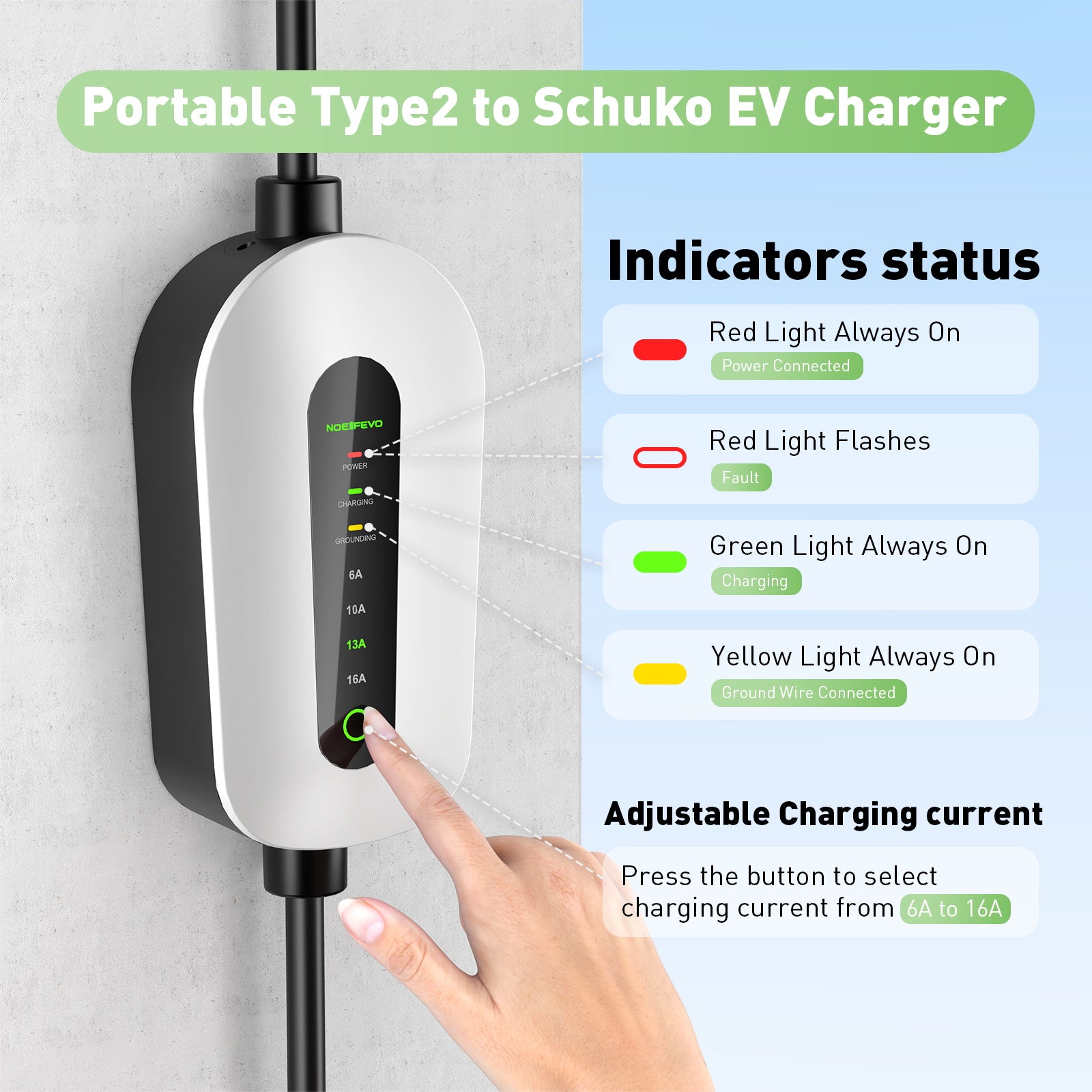 NOEIFEVO F095 Type 2 til Schuko EV ladekabel til elbil, 3,5KW 6A til 16A justerbar strøm, 3m/5m/10m