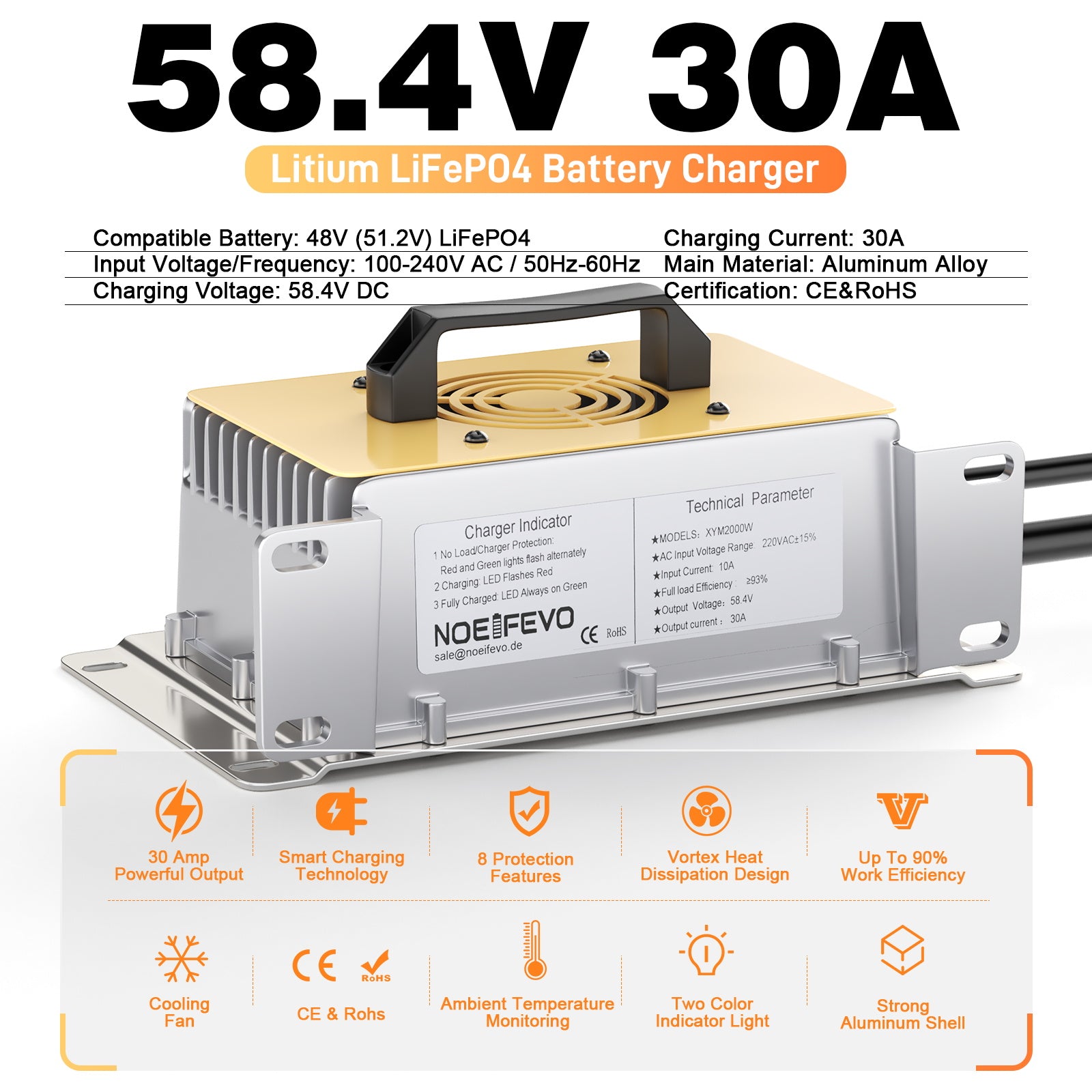 NOEIFEVO 58.4V 30A LiFePO4 batterilader for 51.2V (48V) 16S LiFePO4 batteri, vanntett, 0V BMS aktivert