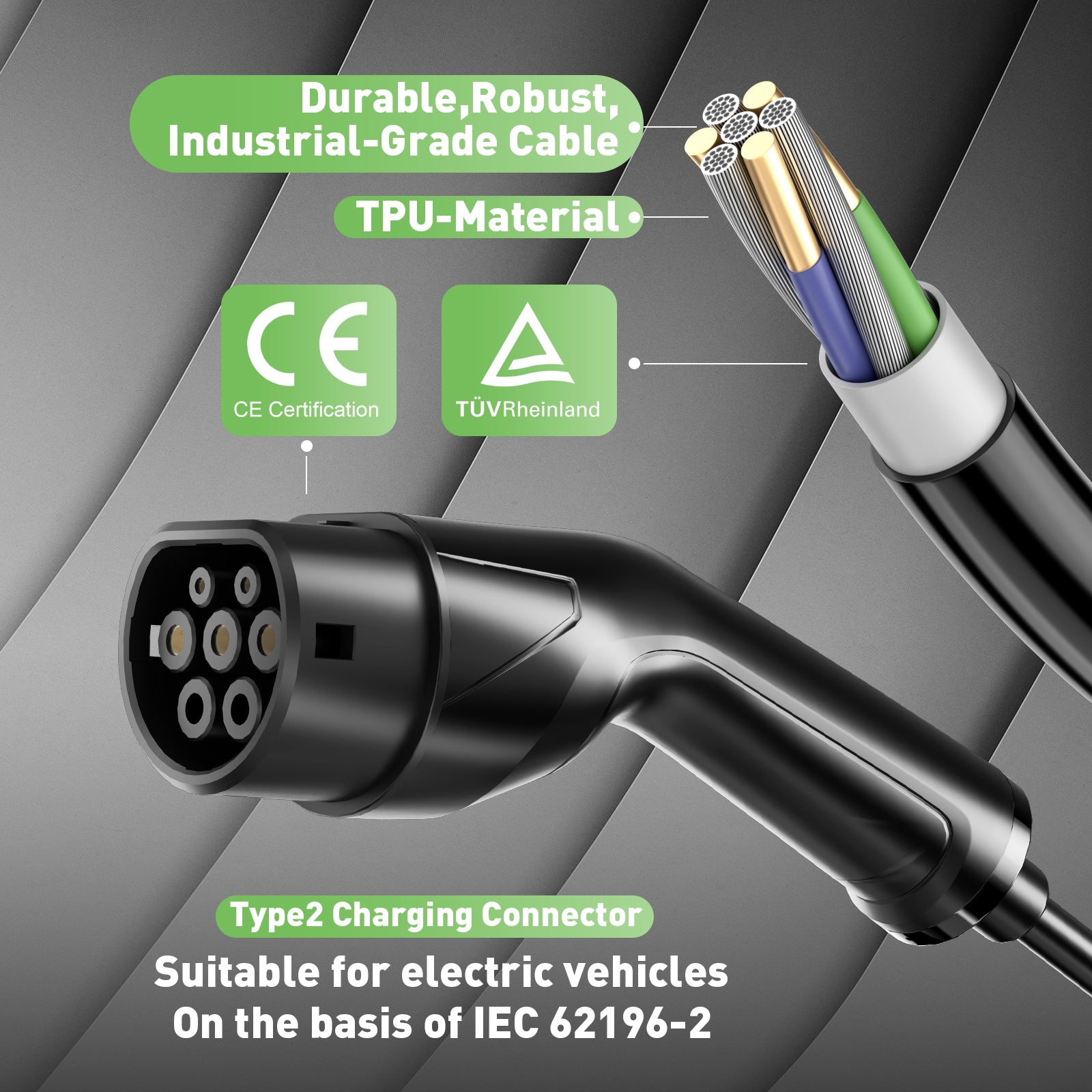 Type 2 3.5 kW EV charger, mobile EV charging cable with Schuko plug,  5-meter charging cable