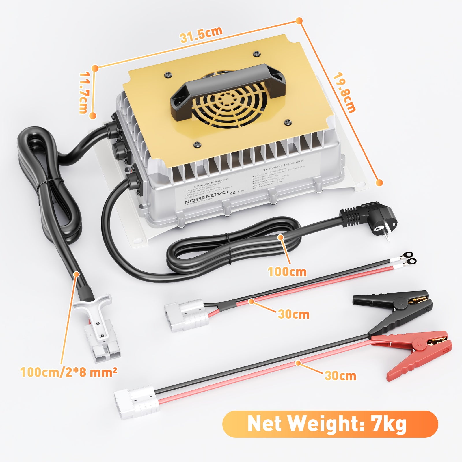 NOEIFEVO 58.4V 50A LiFePO4 carregador de bateria para 51.2V (48V) 16S LiFePO4 bateria, à prova d'água, 0V BMS ativado