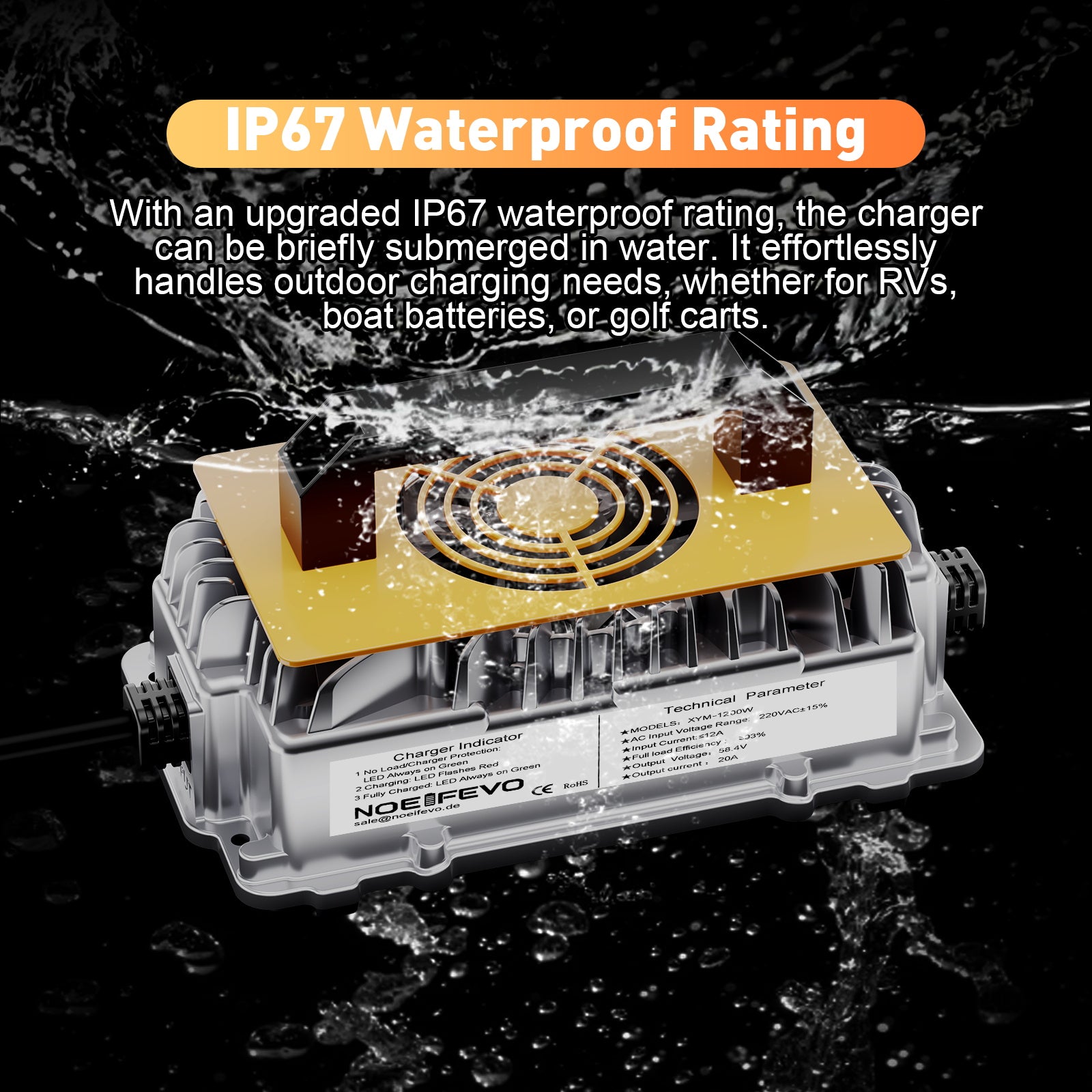 NOEIFEVO 58,4 V 20A Lifepo4 litio de batería de Cargador para batería de 48 V (51,2 V) 16 S, resistente al agua, activación BMS de 0 V, apagado automático con protección total