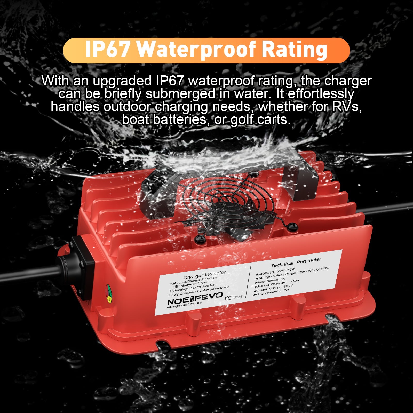 NOEIFEVO 58,4V 15A waterdichte LiFePO4-batterijlader voor 51,2V (48V) 16S LiFePO4-batterij