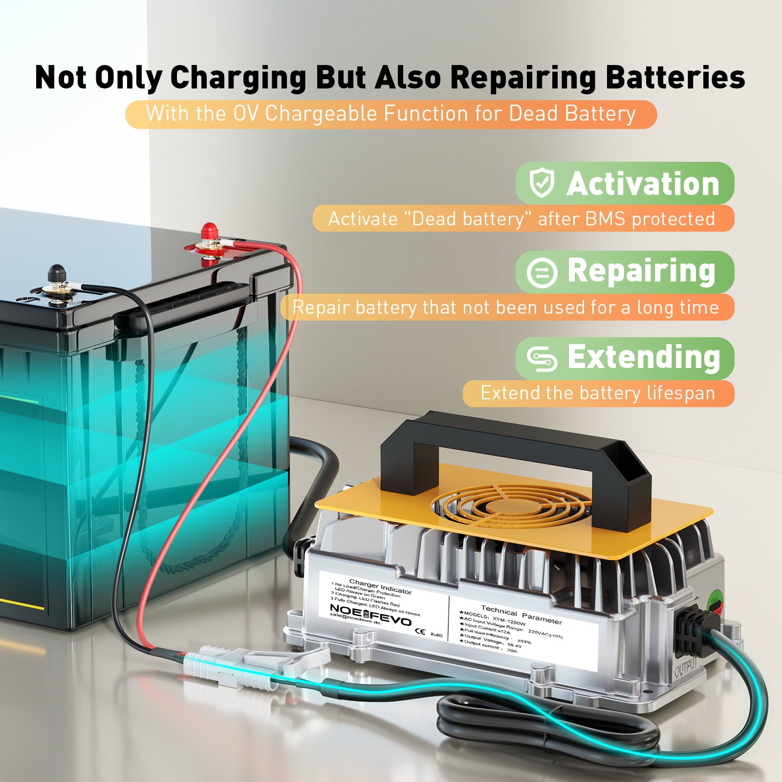 NOEIFEVO 58,4 V 20A Lifepo4 litio de batería de Cargador para batería de 48 V (51,2 V) 16 S, resistente al agua, activación BMS de 0 V, apagado automático con protección total