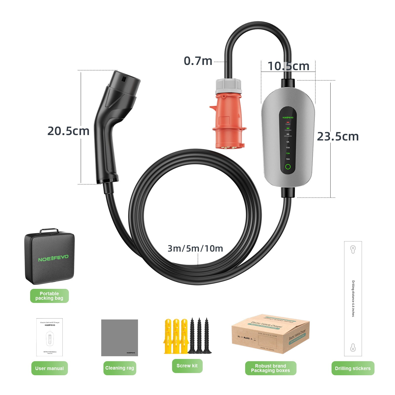 NOEIFEVO F095-3 Cable de carga EV tipo 2 a CEE16A para vehículo eléctrico, caja de pared de 11KW, corriente ajustable de 6A a 16A, 3m/5m/10m
​