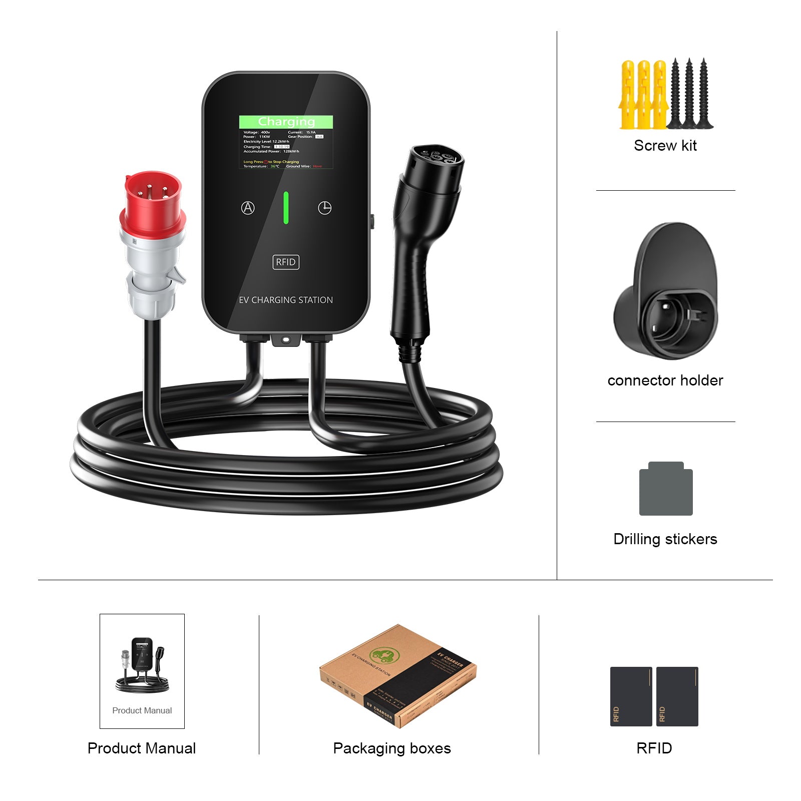 NOEIFEVO EV Wallbox Typ 2, 11kW mit RFID, 8–16A, 3-phasiges 400V Ladegerät für Elektrofahrzeuge (BEV/PHEV) mit 5 m Ladekabel und Kabelhalter, Schutzart IP65, effiziente Ladegerät Ladestation für Zuhause und Büro