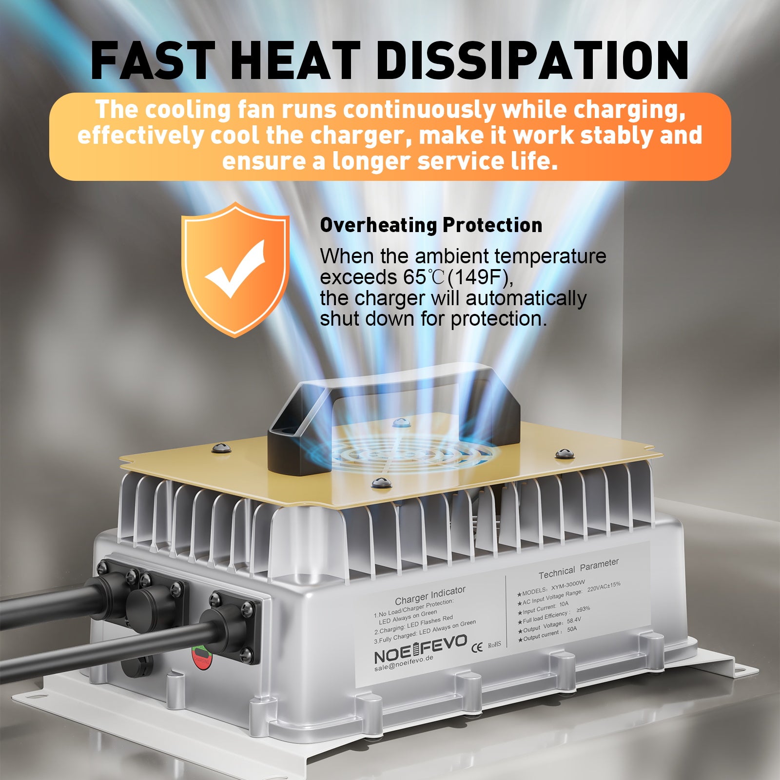 NOEIFEVO 58.4V 50A LiFePO4 carregador de bateria para 51.2V (48V) 16S LiFePO4 bateria, à prova d'água, 0V BMS ativado