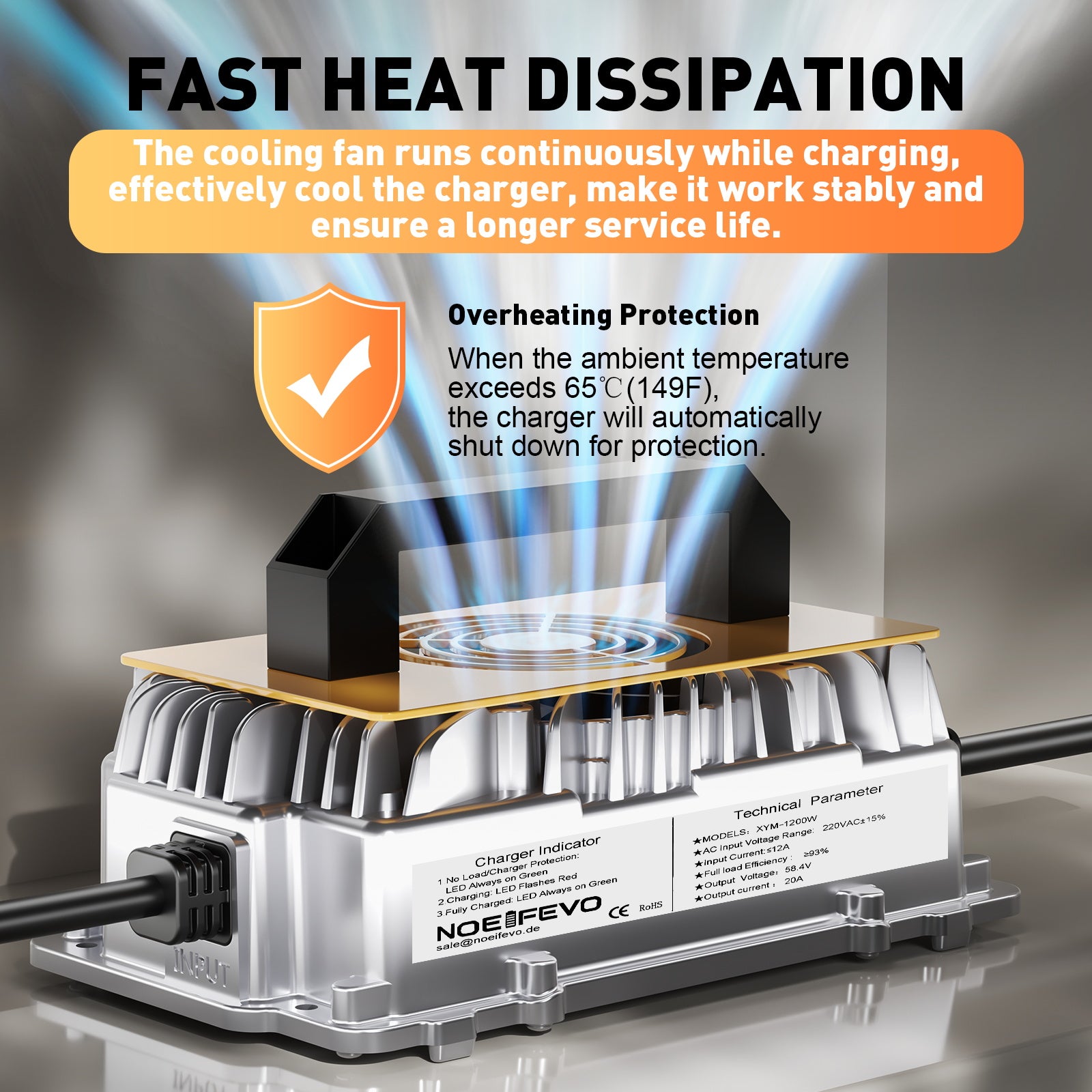NOEIFEVO 58,4 V 20A Lifepo4 litio de batería de Cargador para batería de 48 V (51,2 V) 16 S, resistente al agua, activación BMS de 0 V, apagado automático con protección total