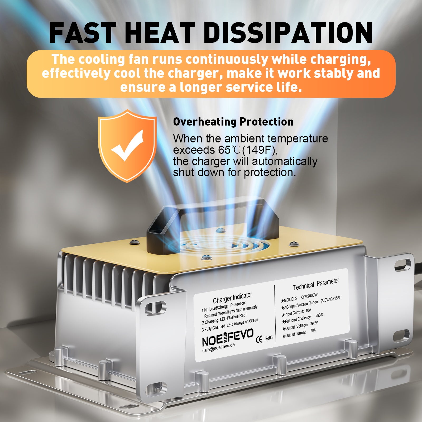 NOEIFEVO 29,2V 50A hurtiglader for 24V 25,6V Lithium LiFePO4-batteri, vanntett, 0V BMS Aktiver