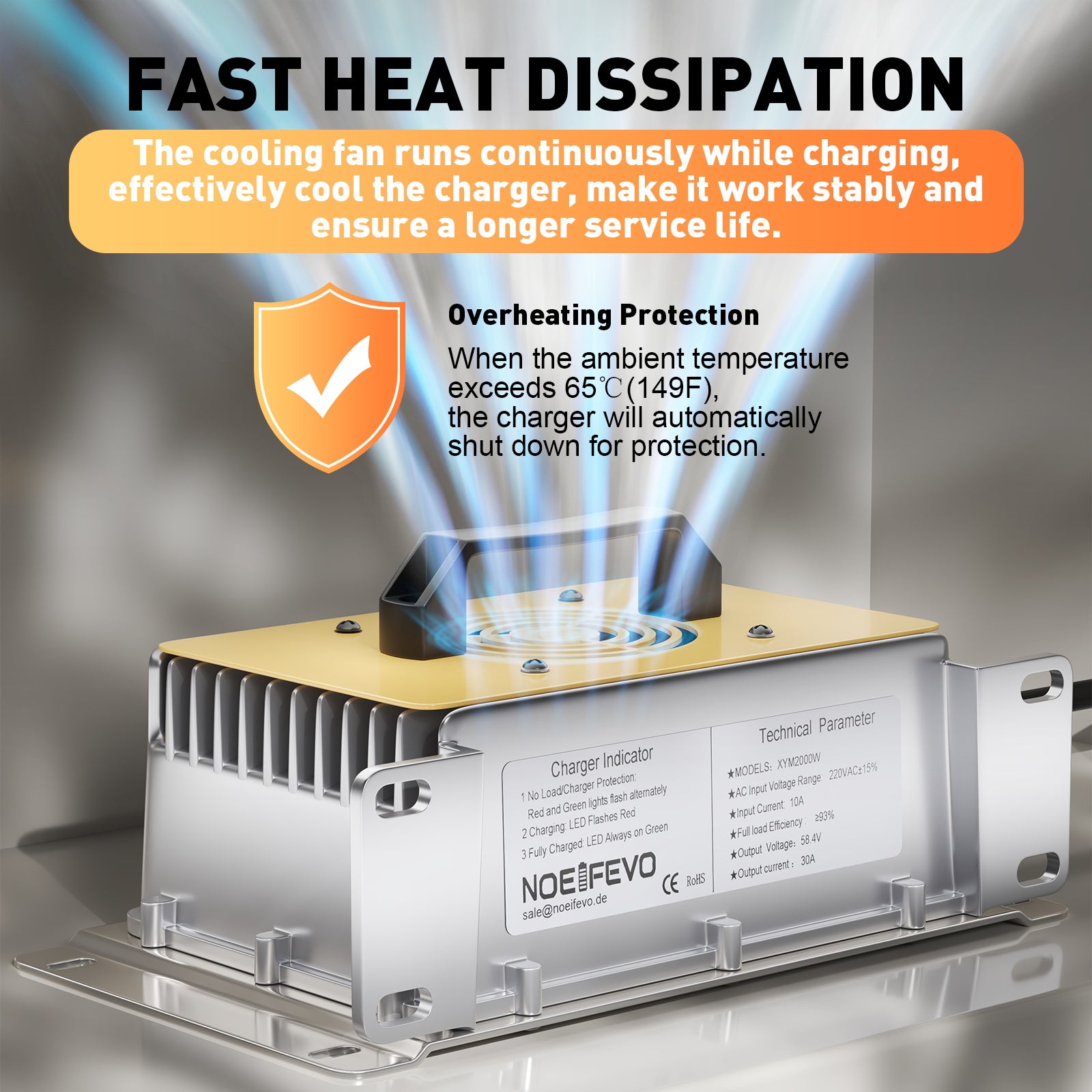 NOEIFEVO 58.4V 30A LiFePO4 batterilader for 51.2V (48V) 16S LiFePO4 batteri, vanntett, 0V BMS aktivert