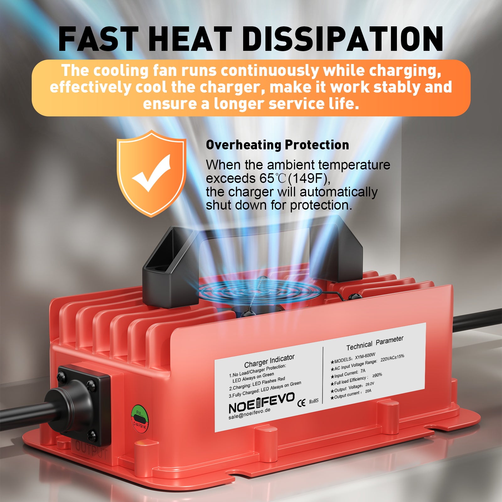 NOEIFEVO 29,2V 20A vedenpitävä LiFePO4-akkulaturi 25,6V(24V) 8S litiumakulle, 0V BMS-aktivointi, täydellä suojalla
​
​