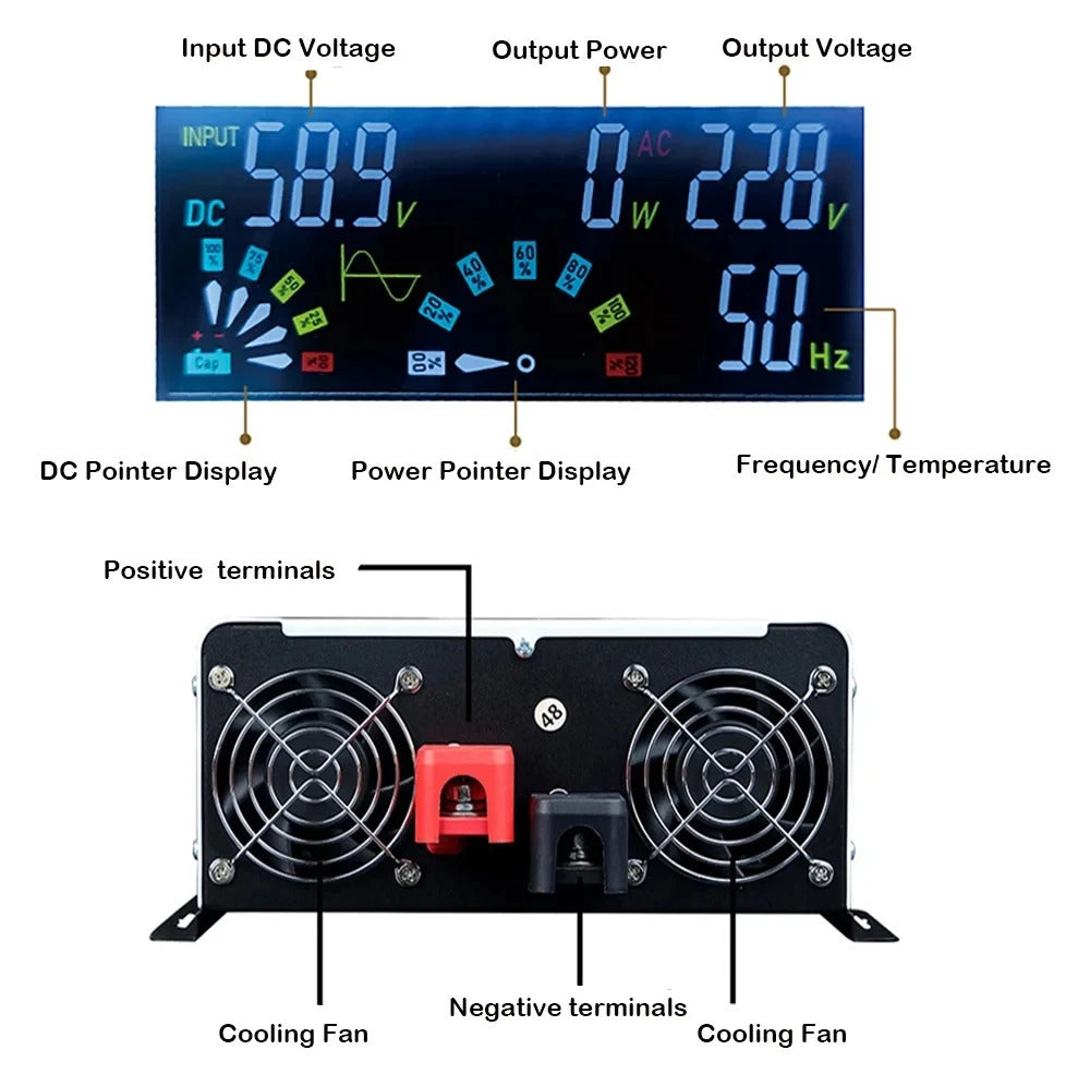 12V 24V 48V 60V 72V 96V–>230V invertteri 5000W–12000W jännitemuunnin, puhdas siniaaltoinvertteri LCD-jännitenäytöllä