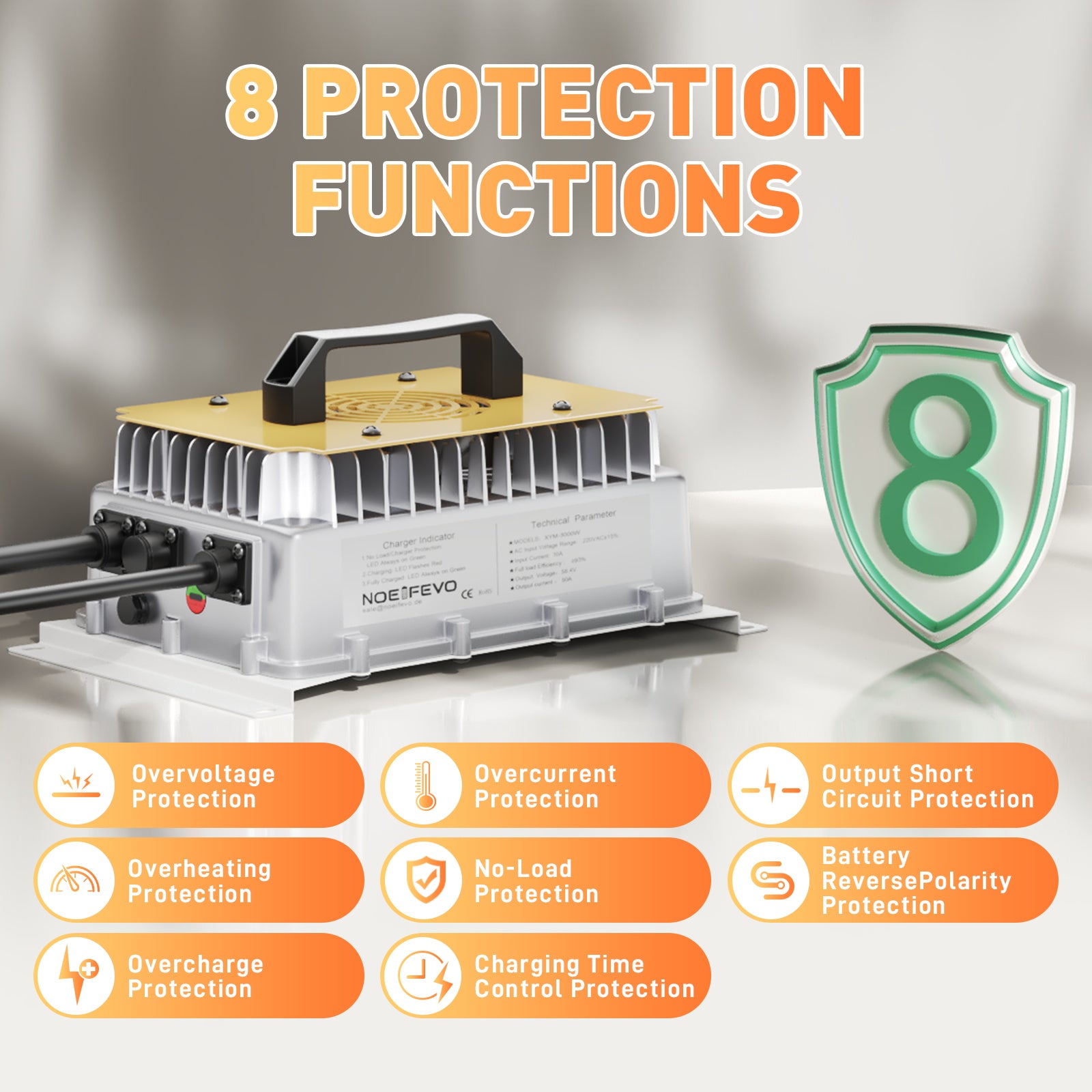 NOEIFEVO 58.4V 50A LiFePO4 carregador de bateria para 51.2V (48V) 16S LiFePO4 bateria, à prova d'água, 0V BMS ativado