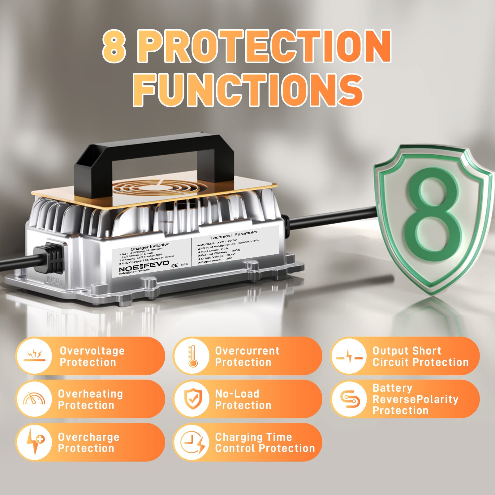 NOEIFEVO 58,4 V 20A Lifepo4 litio de batería de Cargador para batería de 48 V (51,2 V) 16 S, resistente al agua, activación BMS de 0 V, apagado automático con protección total