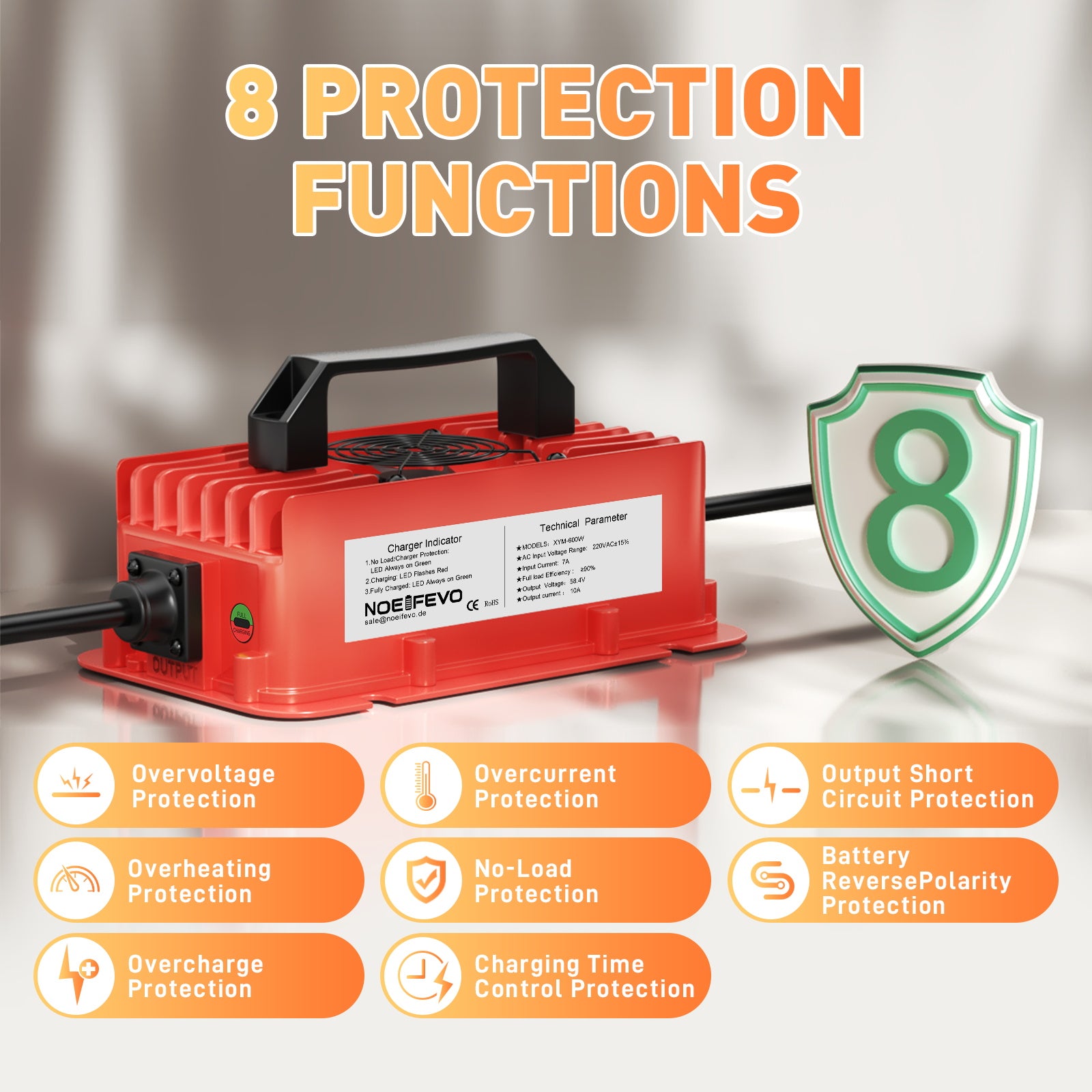  NOEIFEVO 58,4 V 10 A Ładowarka akumulatorów litowo-żelazowo-fosforanowych do akumulatorów 16S 51,2 V (48 V), wodoodporna, z automatycznym wyłączaniem i pełną ochroną