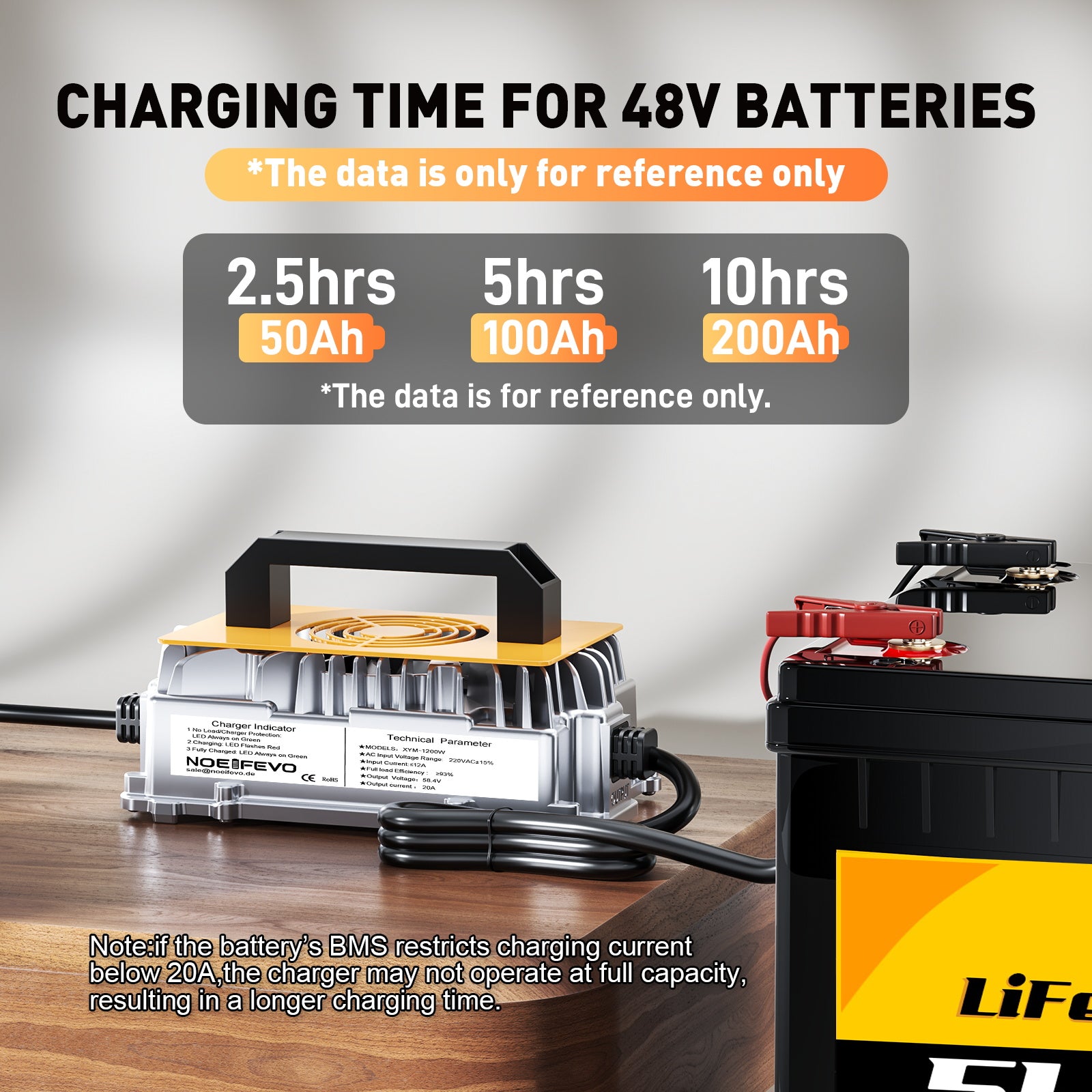 NOEIFEVO 58,4 V 20A Lifepo4 litio de batería de Cargador para batería de 48 V (51,2 V) 16 S, resistente al agua, activación BMS de 0 V, apagado automático con protección total