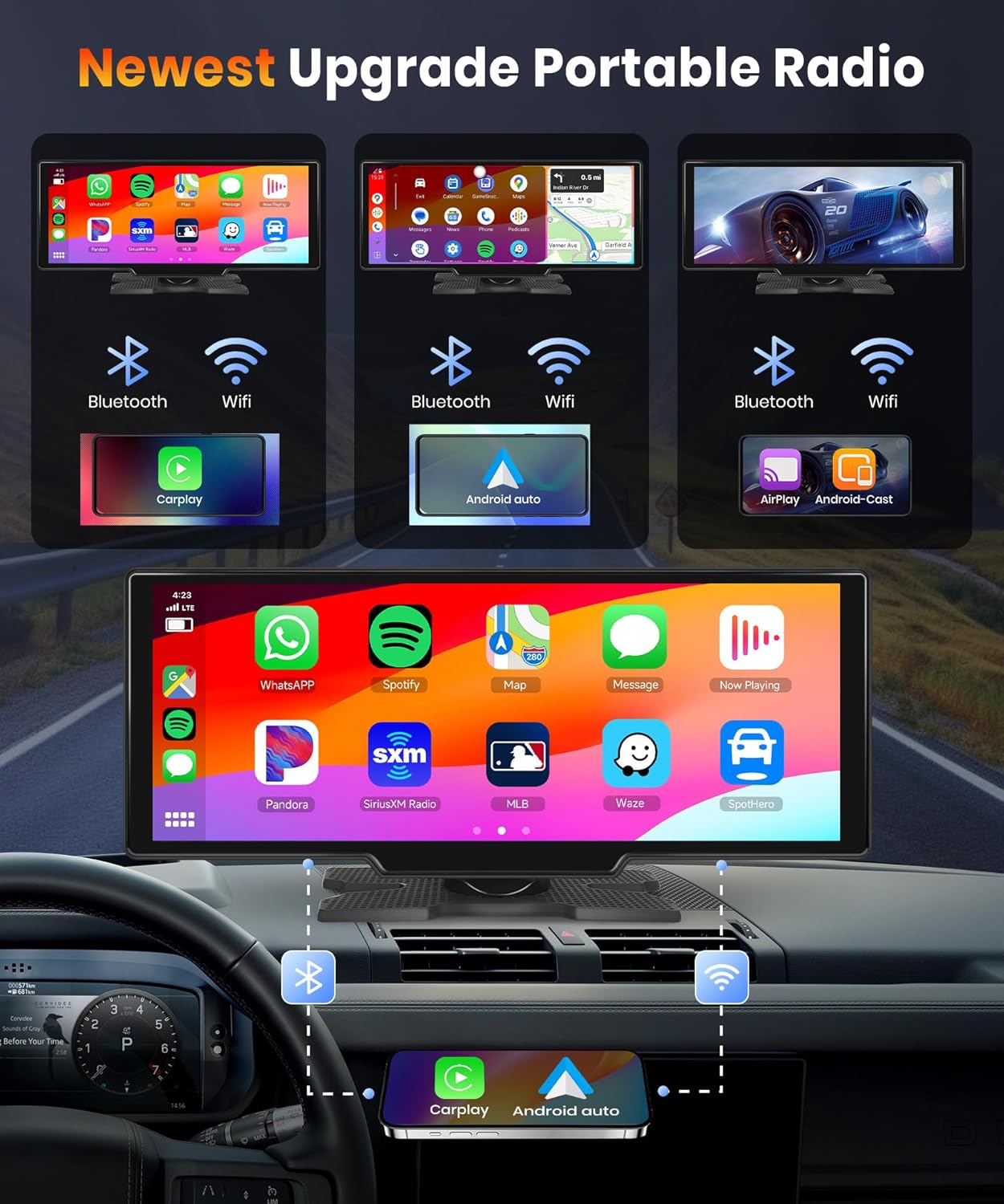 NOEIFEVO 10,26 tommer Carplay-skærm til biler med trådløs Carplay, Android Auto, MirrorLink, 1080P IPS berøringsskærm, bærbar radio, understøtter Bluetooth/håndfri stemmestyring/GPS/Siri/FM-transmission/Aux/TF-kort.