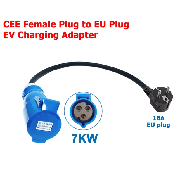 EV-laddadapter, CEE 32A blått uttag till Schuko hushållskontaktadapter, för 7kW 32A EV-laddare