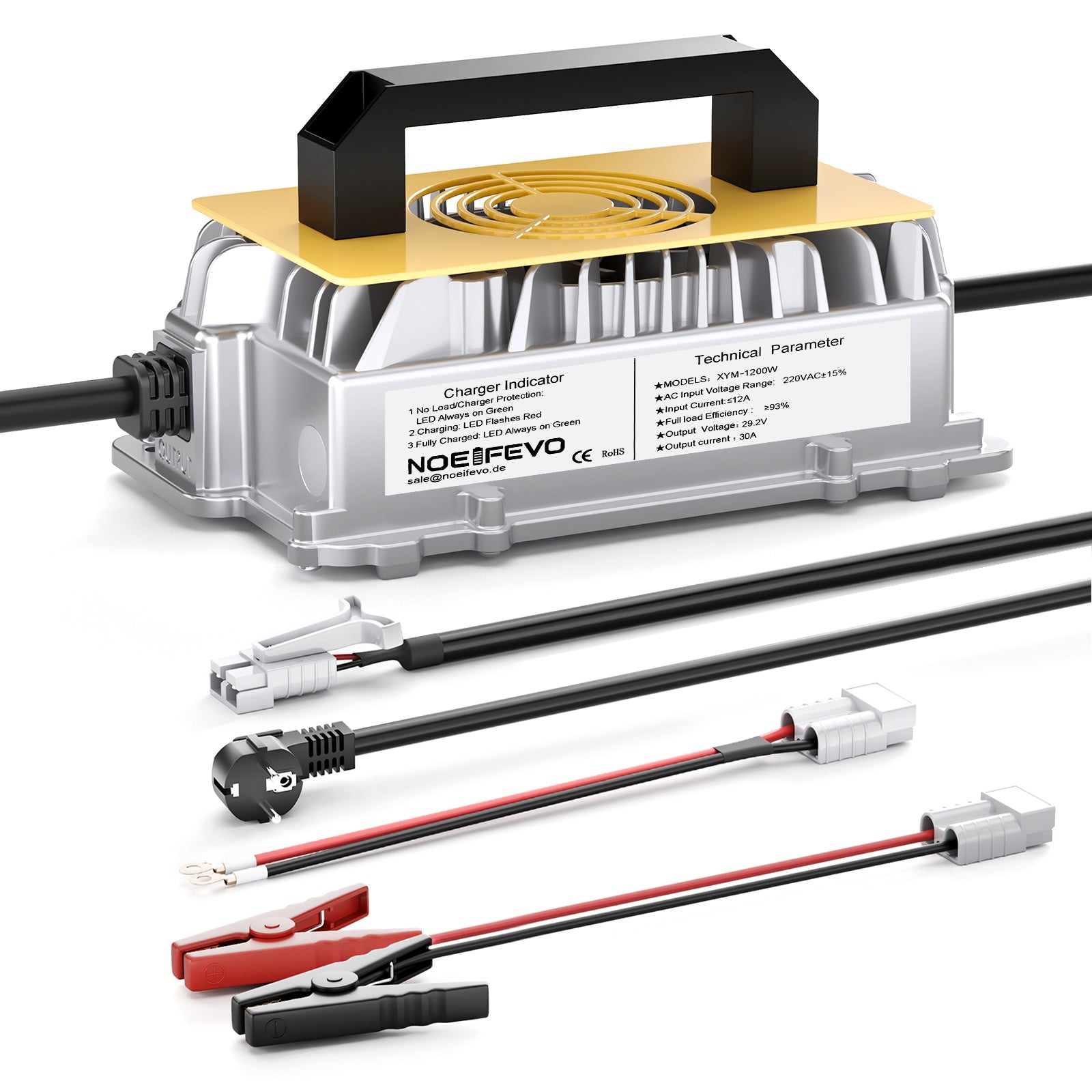 Noeifevo 29,2V 30A LiFePO4 batterioplader til 24V 25,6V lithiumbatteri, vandtæt, 0V BMS aktivering, automatisk nedlukning