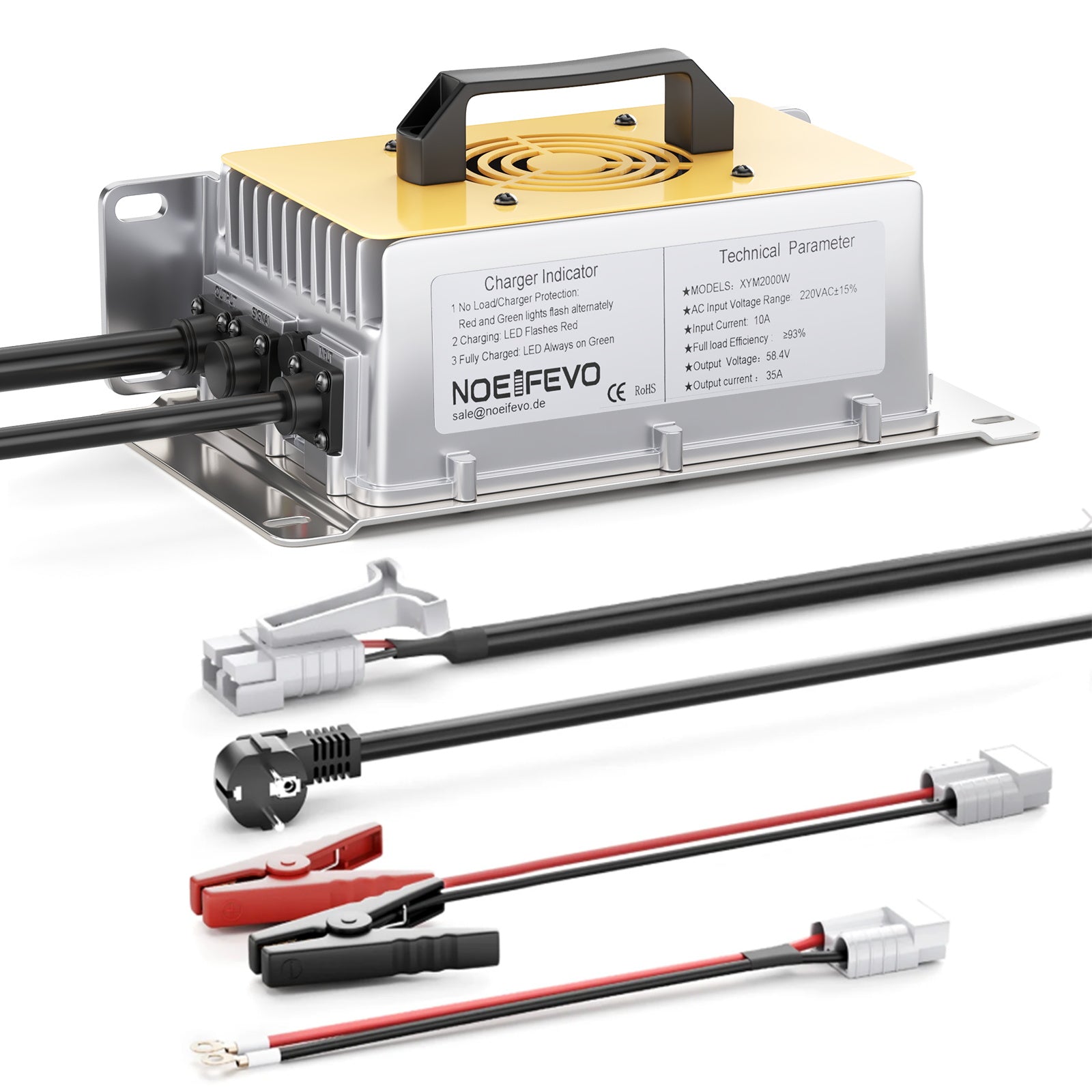 NOEIFEVO 58.4V 30A LiFePO4 Caricabatteria per 51.2V (48V) 16S LiFePO4 batteria, impermeabile, 0V BMS abilitato