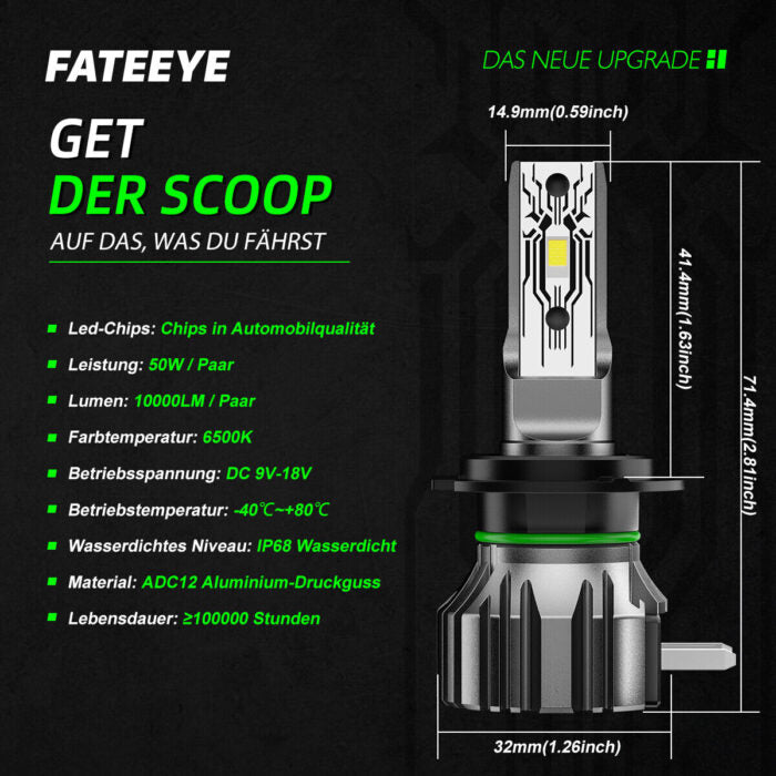 FATEEYE H7 LED-forlygtesæt 10000LM 50W fjern-/nærlys 6500K hvid halogen (2 stk.)