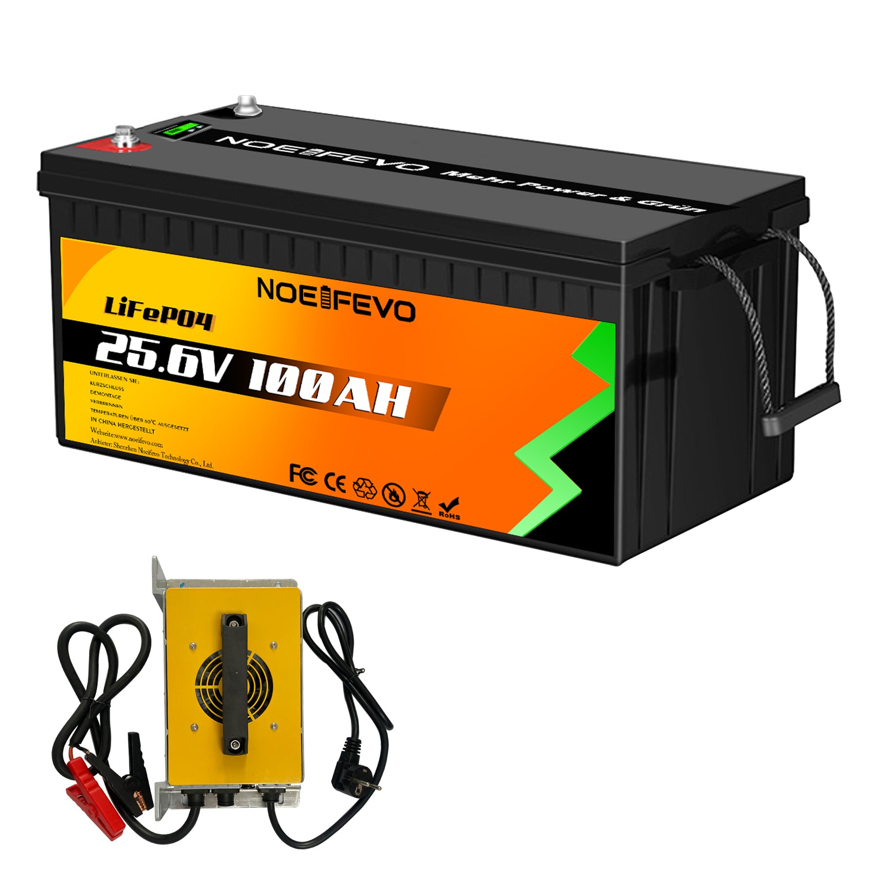 NOEIFEVO 25.6V 24V 100Ah LiFePO4 Lithium Battery with 50A Charger