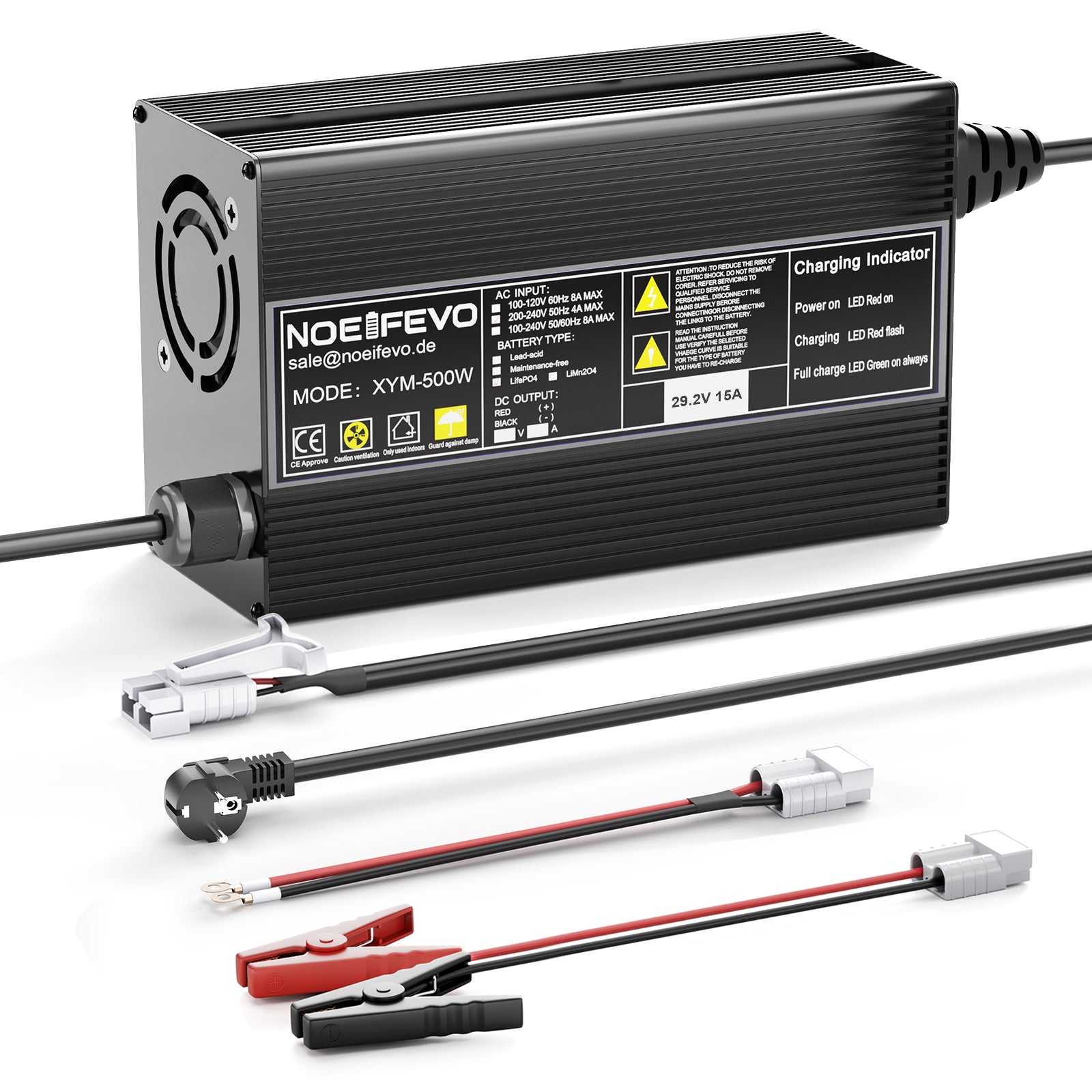 Noeifevo 29,2 V 15 A LiFePO4 Caricabatterie per batteria al litio 24 V 25,6 V, attivazione BMS 0 V, spegnimento automatico con protezione completa