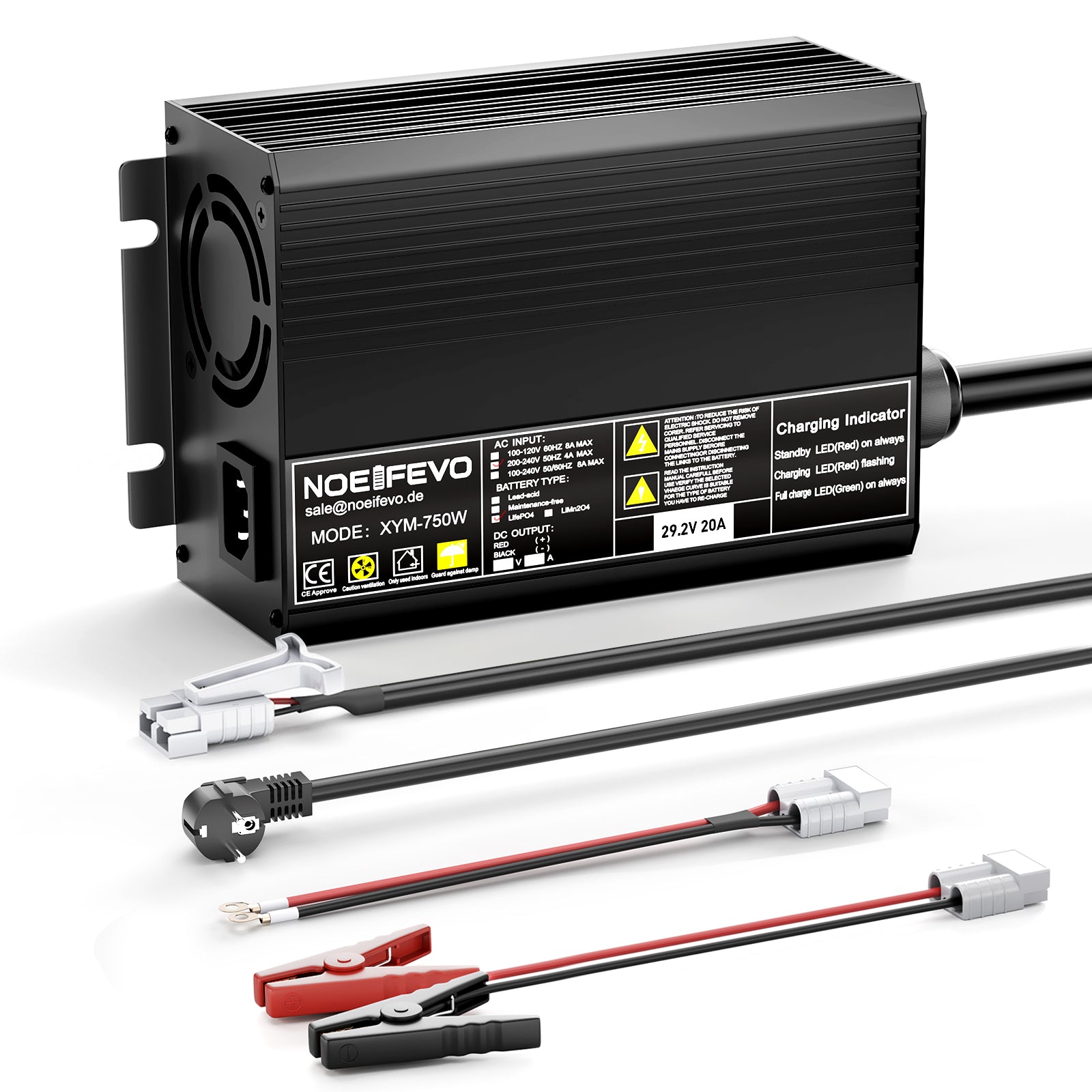 Noeifevo 29.2V 20A LiFePO4 מטען סוללות לסוללת ליתיום 24V 25.6V, 0V BMS Activate, כיבוי אוטומטי עם הגנה מלאה
