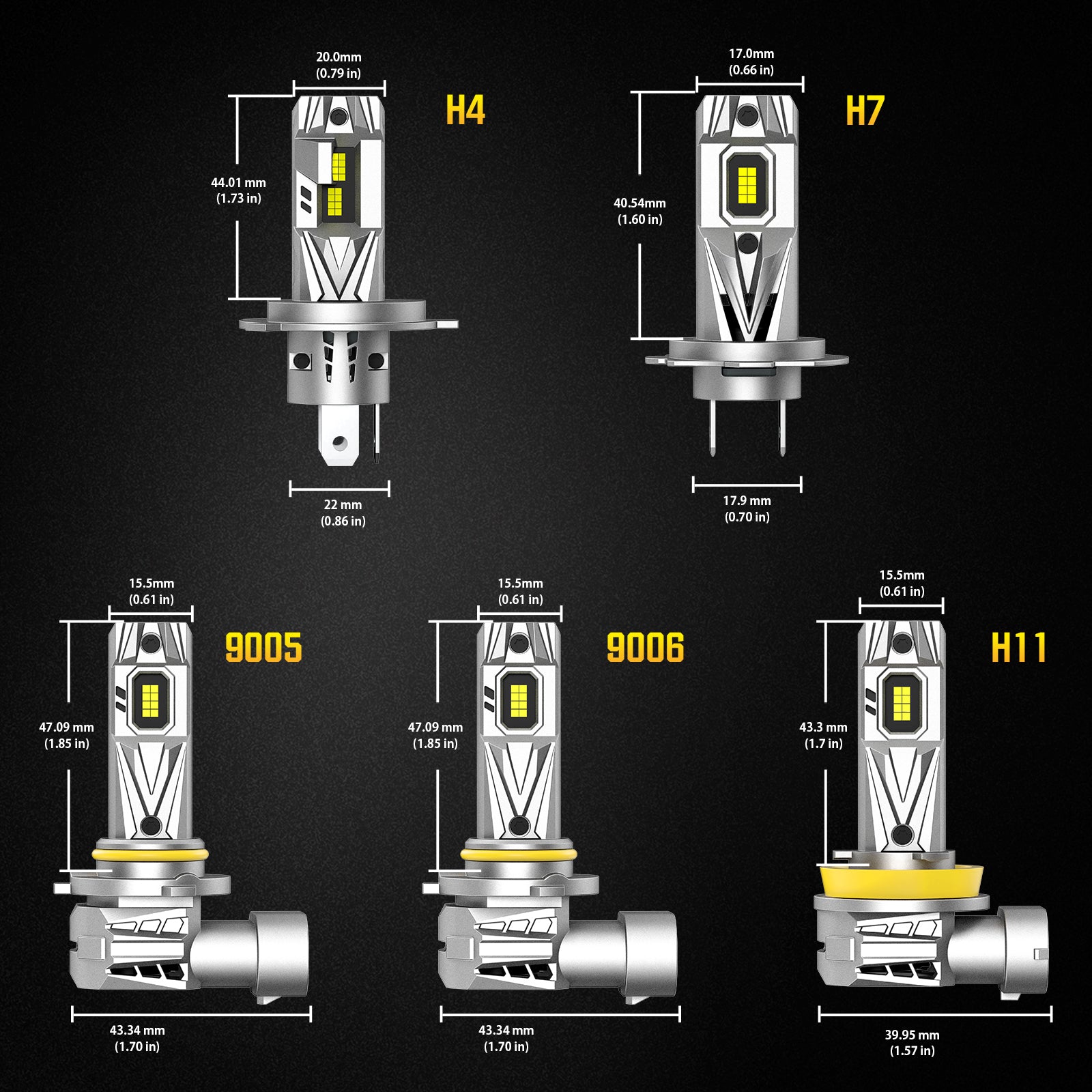 NOEIFEVO H7 H11 H4 9005 9006 Forlygtepærer, 80W 12V, 6500K Hvid, Fjern- og nærlys, 2 stk. Billygter