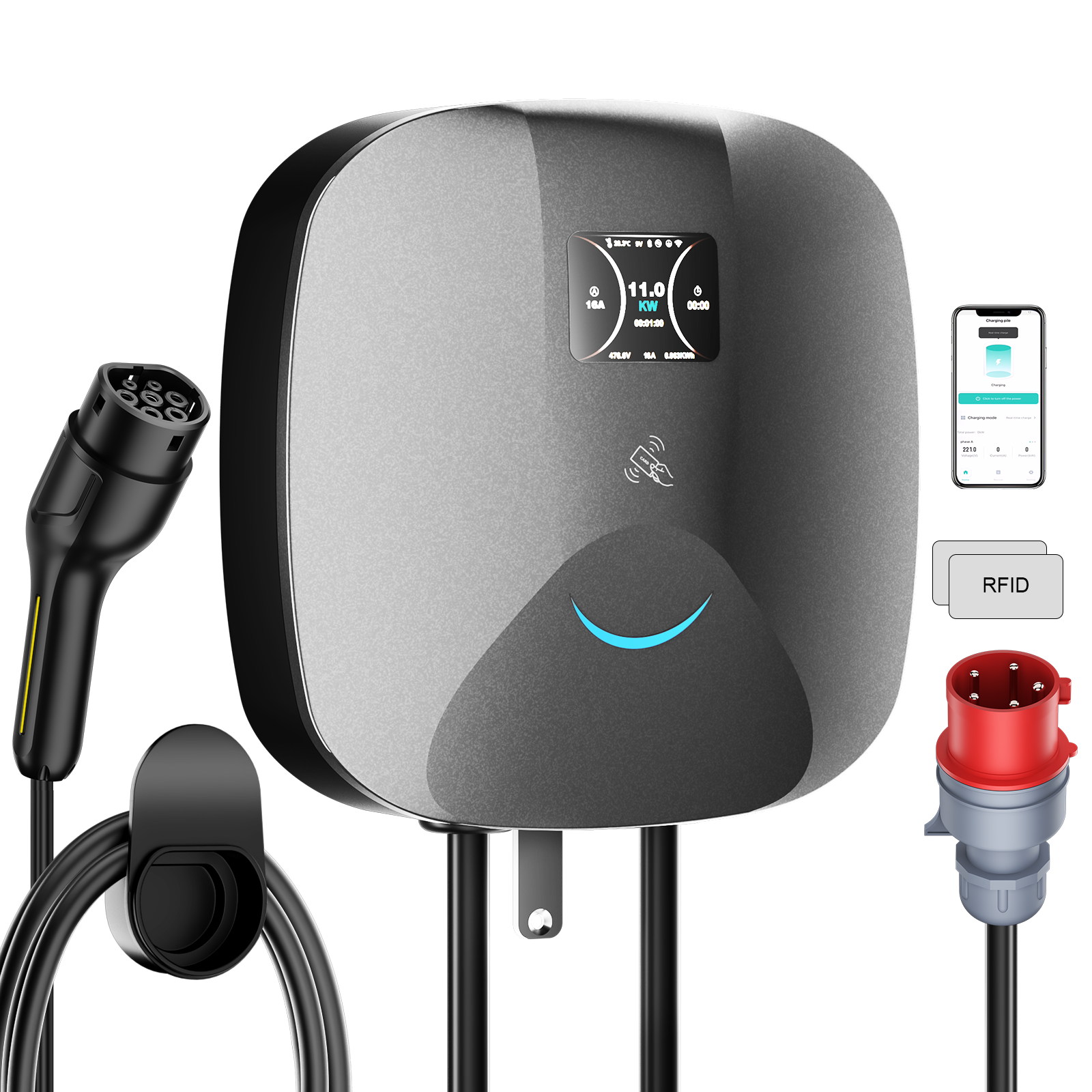 NOEIFEVO Wallbox 11kW mit APP & RFID – 3-Phasiges Typ 2 EV-Ladegerät 400V, 6–16 A, 5M Kabel mit Kabelhalter – RCD Typ B & IP67,Einstellung Startzeiteffiziente Ladestation für Zuhause für BEV PHEV