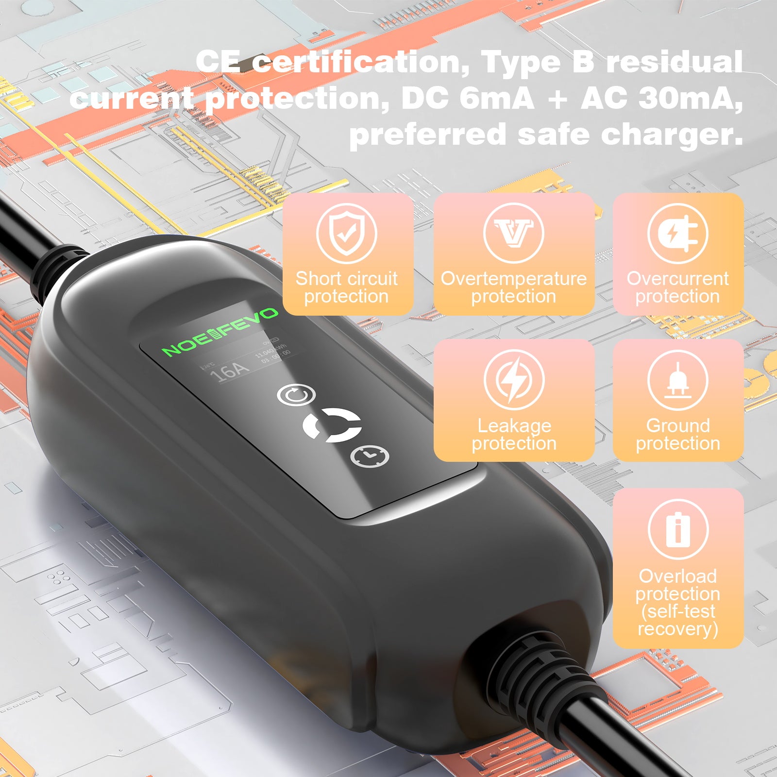 Noeifevo 11KW nabíječka autobaterií, Type2 to CEE16A EV Charger with Household Adapter , 5m/10/15m