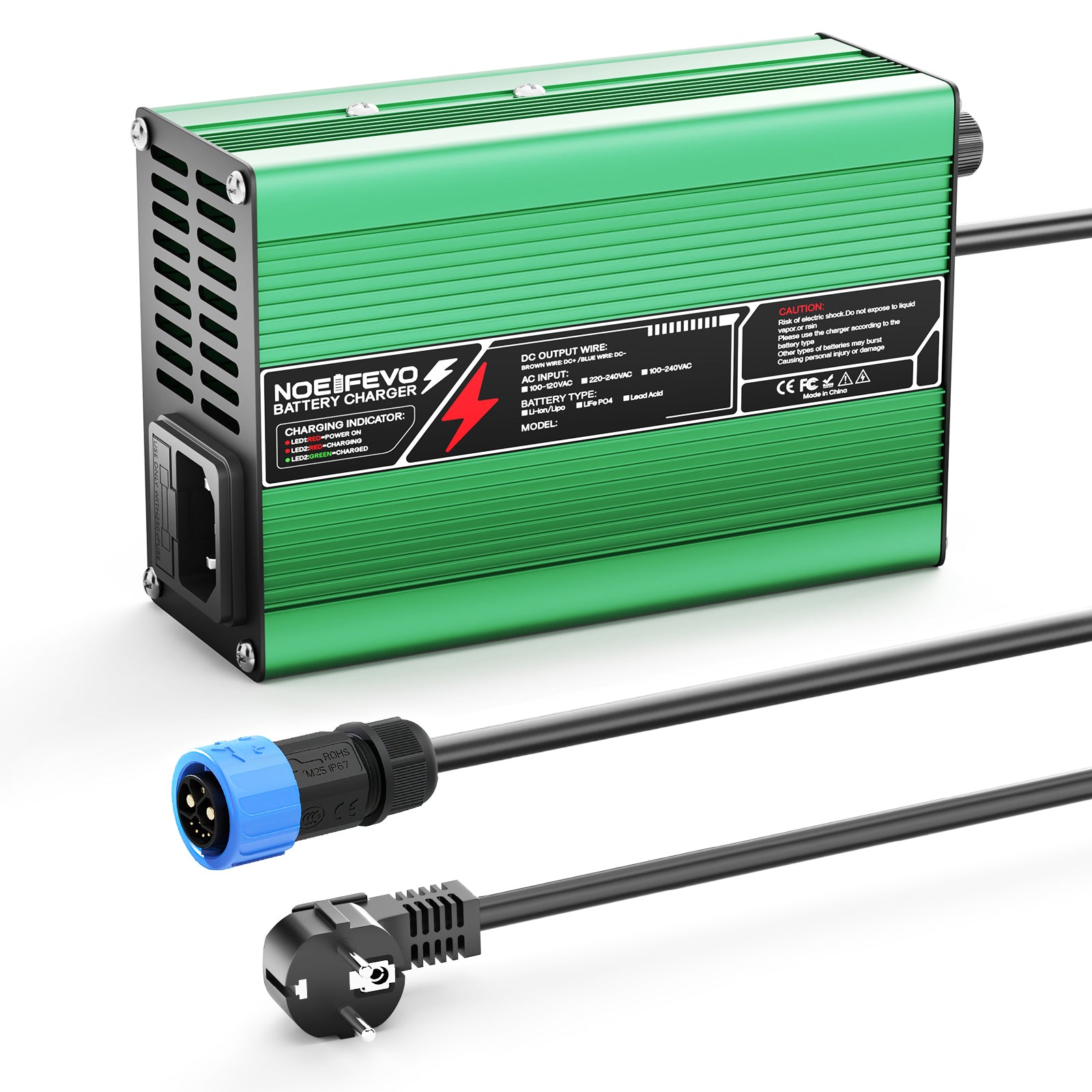 NOEIFEVO 21V 5A Lithium-lader til 5S 18,5V Li-Ion Lipo-batterier, køleventilator, automatisk slukning (GRØN)