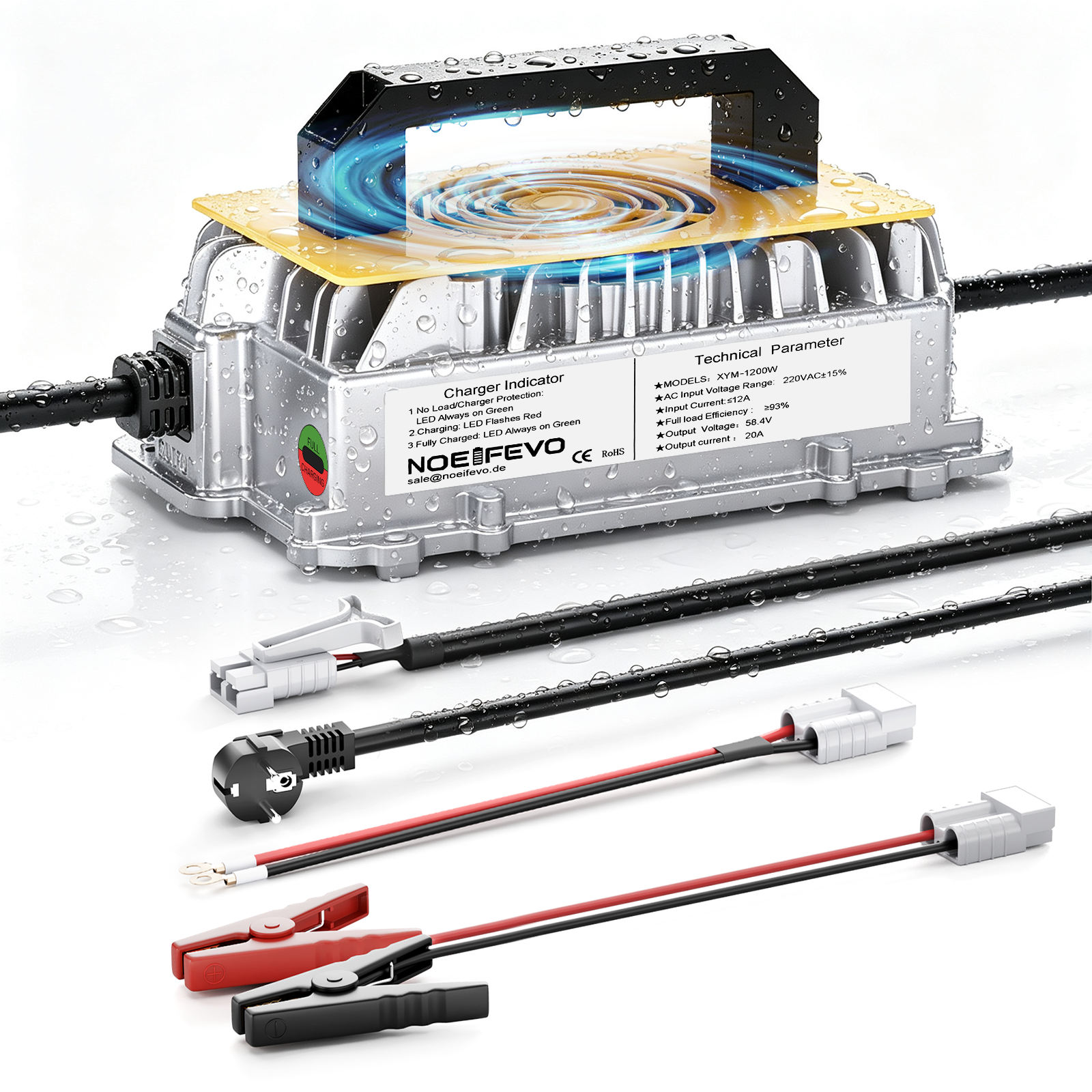 NOEIFEVO 58,4 V 20A Carregador de bateria de lítio Lifepo4 para bateria 48 V (51,2 V) 16S, à prova de água, ativação BMS de 0 V, desligamento automático com proteção total