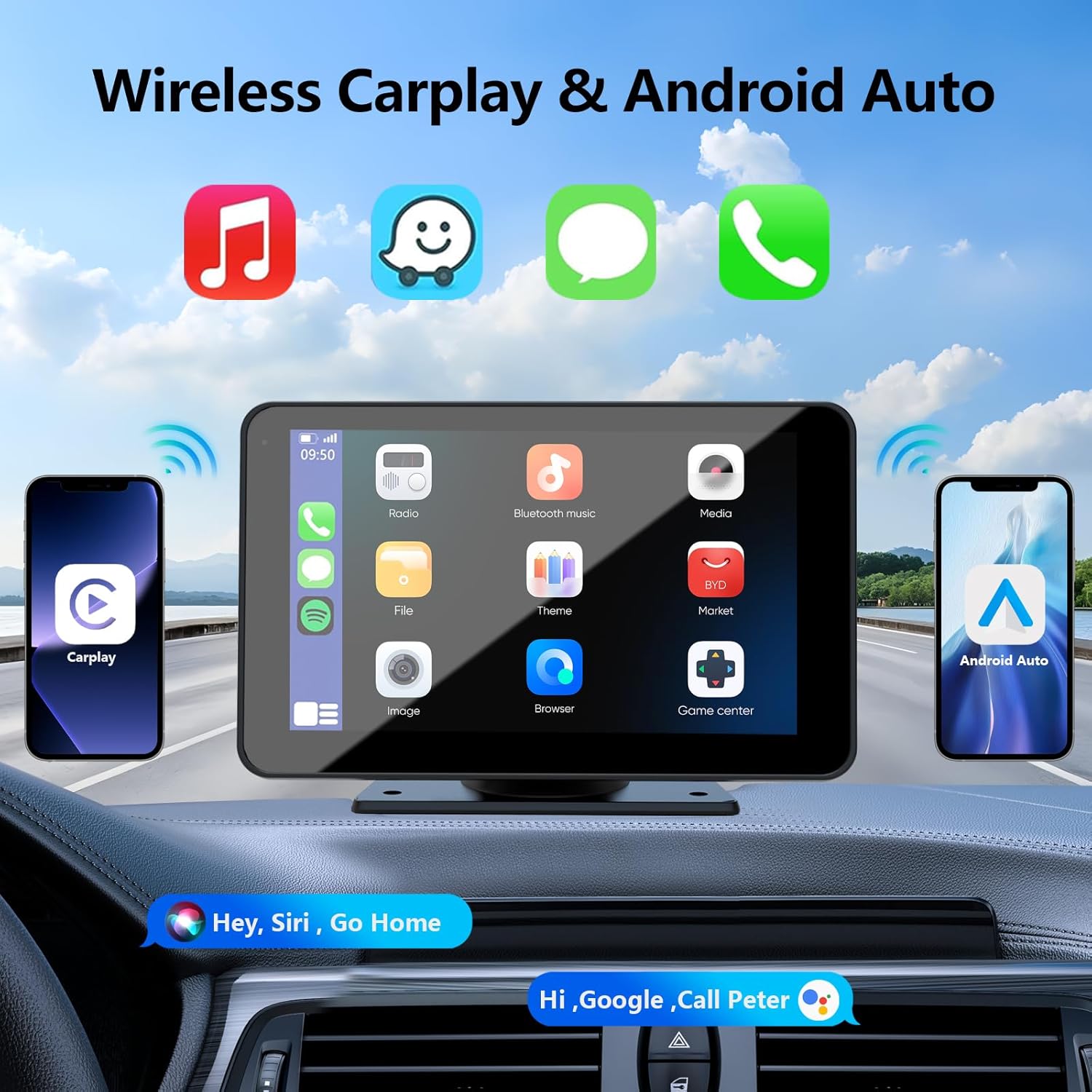 Draadloze CarPlay voor voertuigen, 7" HD Draagbare Auto-Stereo-Touchscreen met Apple CarPlay, Android Auto, Achteruitrijcamera, Auto-Audio-ontvanger met spraakbesturing, Mirror Link, Bluetooth, GPS-navigatie