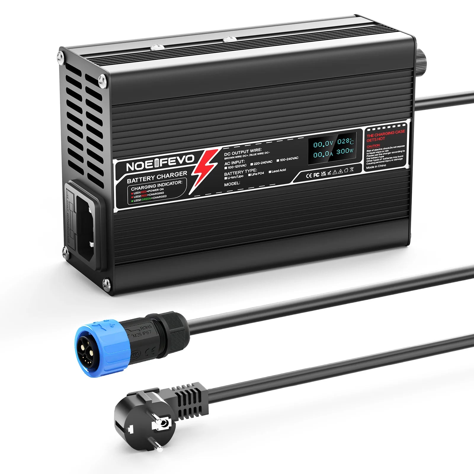 NOEIFEVO 51.2V 5A litium LiFePO4 batterilader, ladspenning 58.4V, med vifte, aluminiumhus, LCD-skjerm