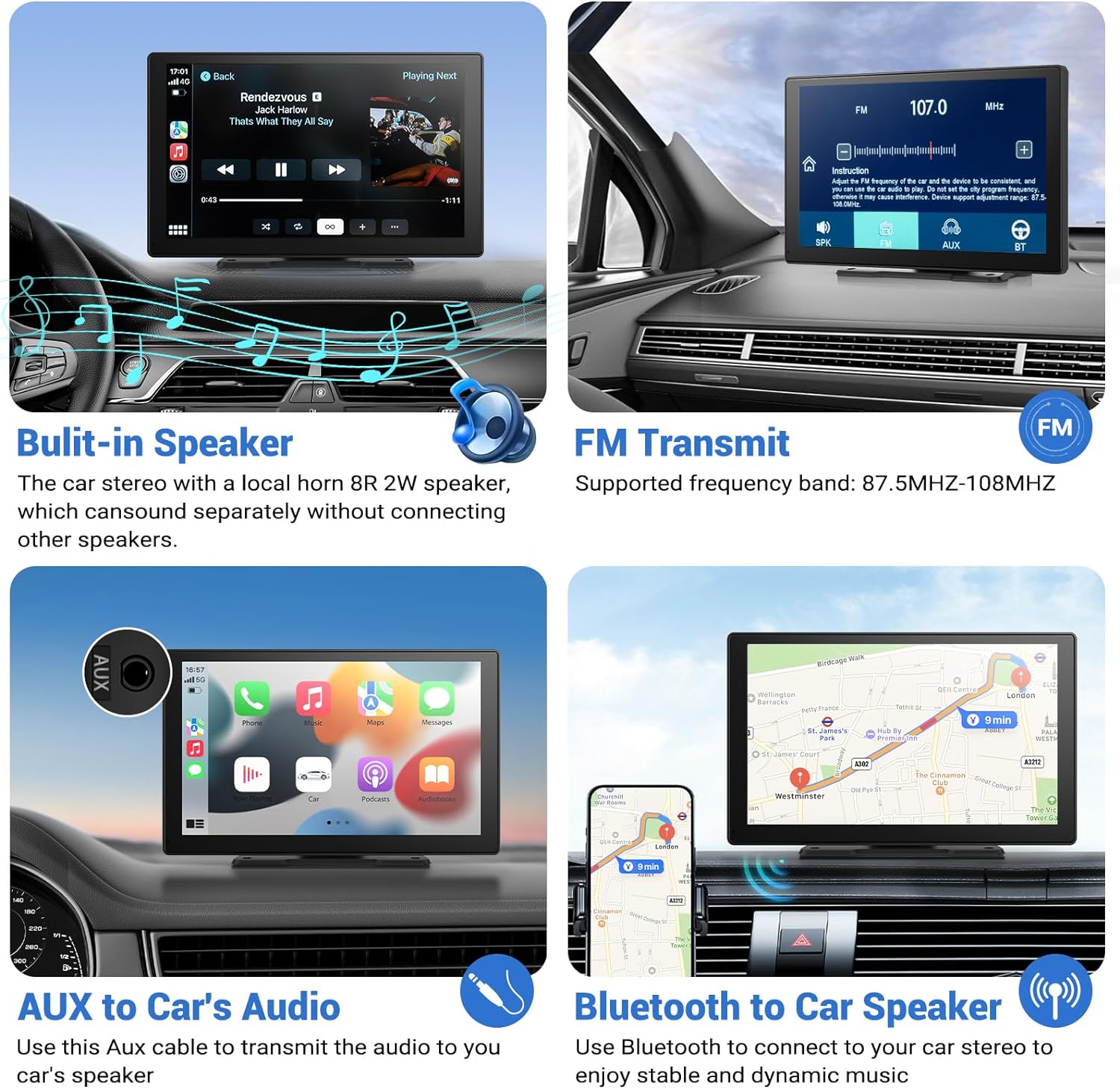 NOEIFEVO Bezdrátový Carplay displej pro automobily s 4K Dashcam, 9" přenosné Apple Carplay & Android Auto autorádio, s 1080p zadní kamerou, GPS navigace/Mirror Link/Hlasové ovládání/Bluetooth.