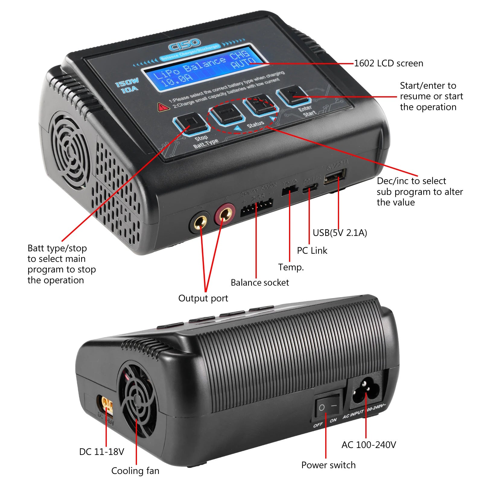 NOEIFEVO C150 AC/DC 150W 10A RC Balance Ladegerät Entlader für LiPo LiHV LiFe Lilon NiCd NiMh Pb Batterie