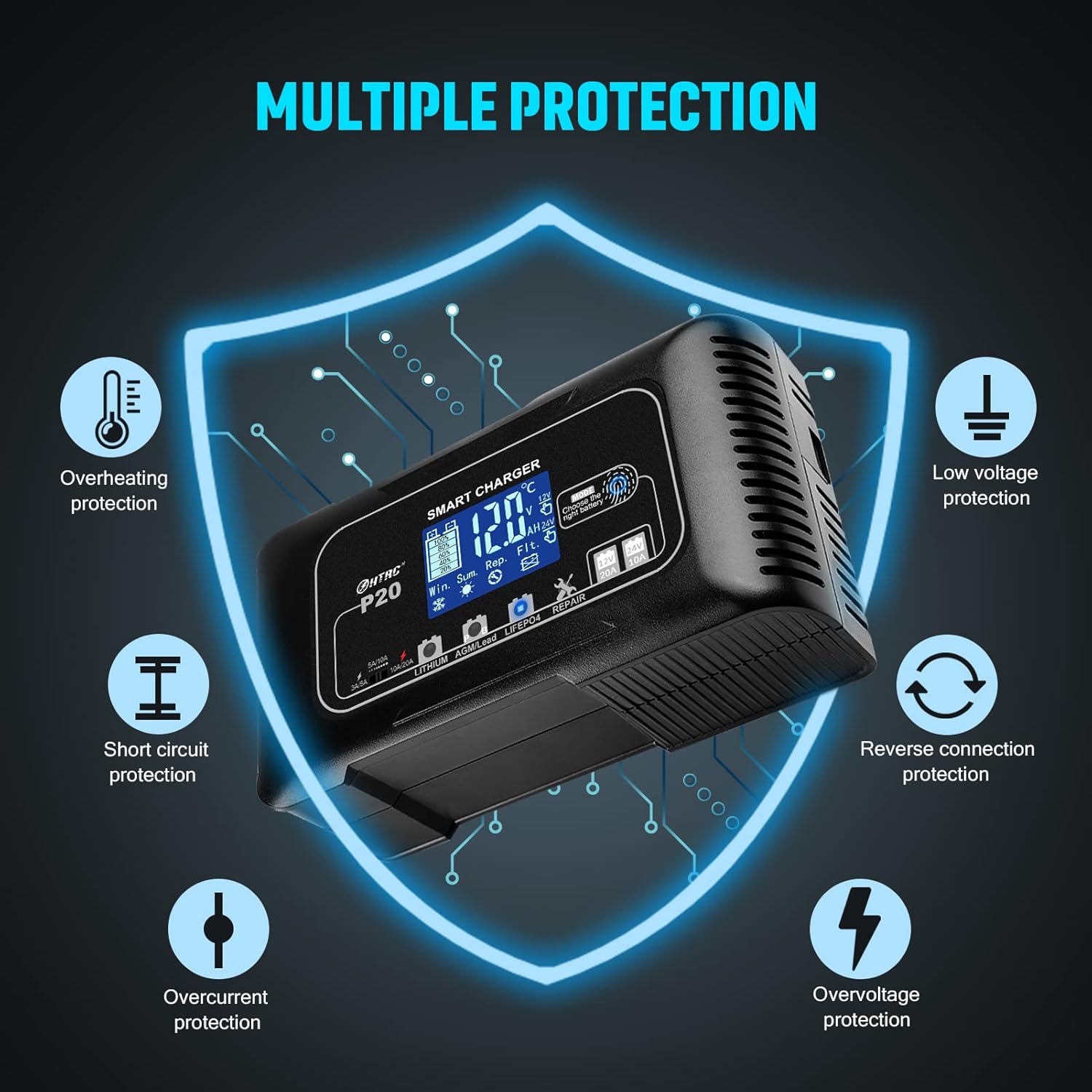 NOEIFEVO 20A bilbatterioplader, 12V/24V bilbatterioplader, bilbatterioplader, vedligeholdelsesoplader og desulfator til motorcykel, plæneklipper, båd, lithium, LiFePO4, blysyre (AGM, gel osv.)