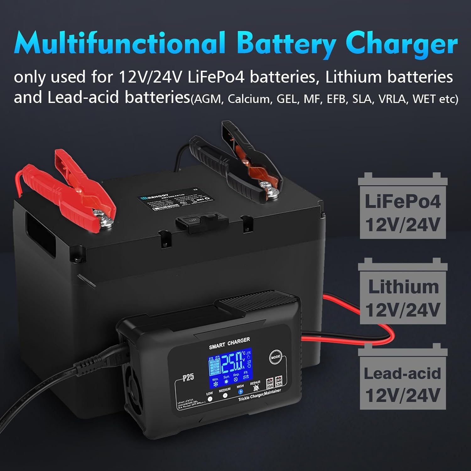 NOEIFEVO 25A Bilbatterioplader, 12V 25A/24V 13A Vedligeholdelsesoplader til Bil, Motorcykel, Plæneklipper, Båd, Lithium, LiFePO4 og Blysyre (AGM, GEL, MF, EFB, SLA, VRLA)