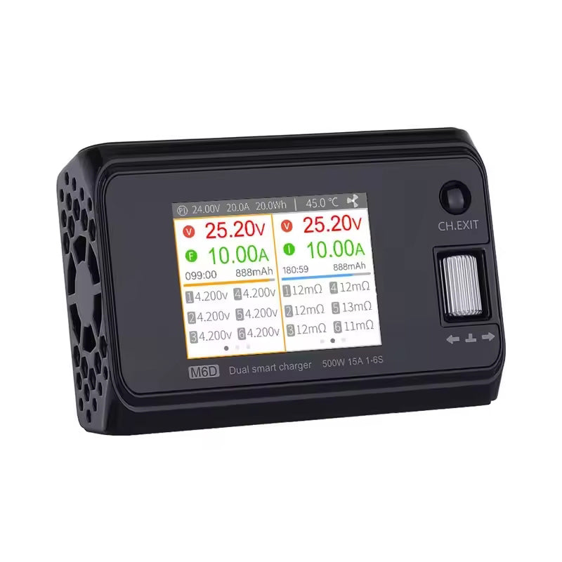 M6D 500W 25A DC Dual-Channel Carregador de Balanço Inteligente para Carregamento e Descarregamento de Bateria de 1-6S LiPo/LiHV/LiFe/LiIon, 1-16S NiMH, 1-10S PB