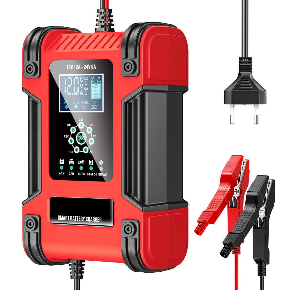 Bilbatterioplader, 12V 12A / 24V 6A bly-syre AGM LiFePO4 batterioplader, køretøjsoplader, 7-trins intelligent batterioplader med LED-display til biler, lastbiler, motorcykler og plæneklippere