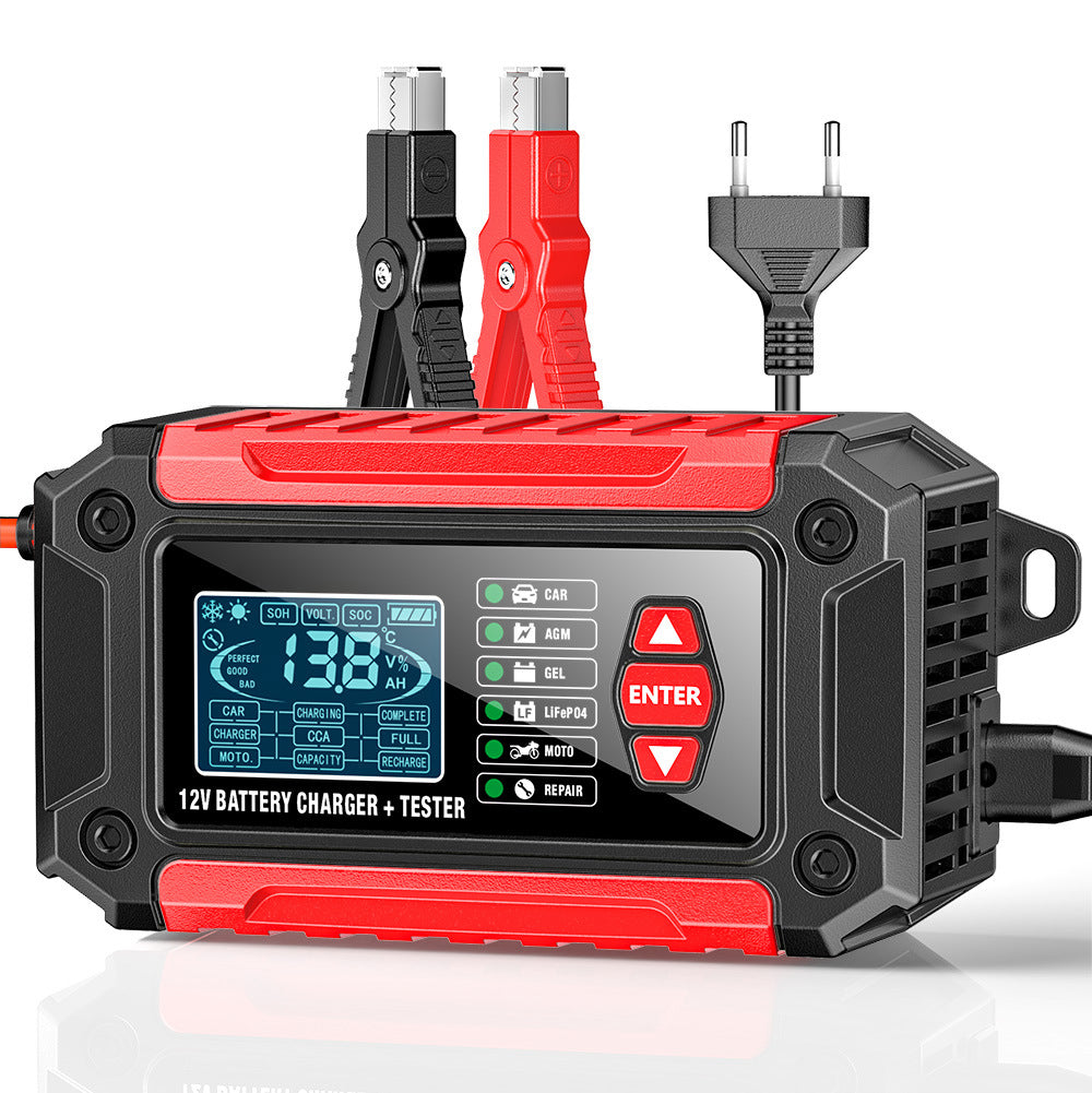 מטען ובודק סוללות לרכב 2 ב-1, מטען סוללות 12V לעופרת-חומצה, AGM ו-LiFePO4, מטען לרכב, בודק סוללות חכם למכוניות, משאיות, אופנועים ומכסחות דשא.
