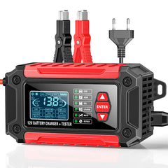 מטען ובודק סוללות לרכב 2 ב-1, מטען סוללות 12V לעופרת-חומצה, AGM ו-LiFePO4, מטען לרכב, בודק סוללות חכם למכוניות, משאיות, אופנועים ומכסחות דשא.
