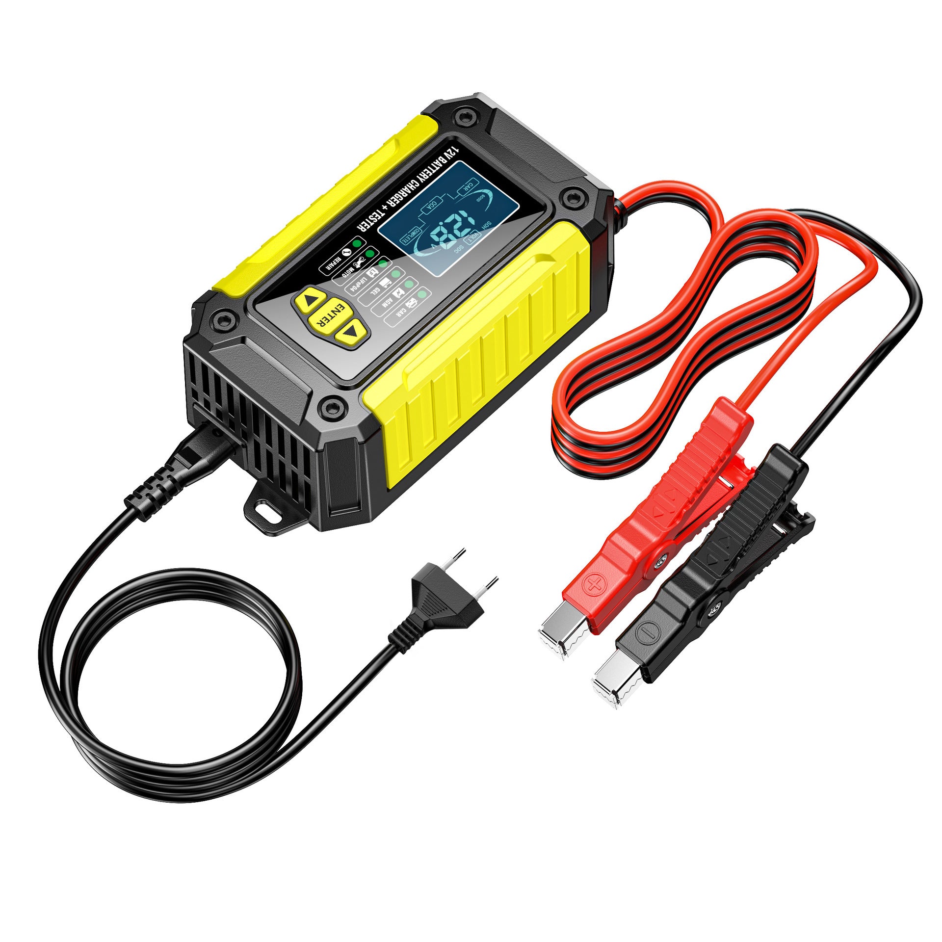 מטען ובודק סוללות לרכב 2 ב-1, מטען סוללות 12V לעופרת-חומצה, AGM ו-LiFePO4, מטען לרכב, בודק סוללות חכם למכוניות, משאיות, אופנועים ומכסחות דשא.
