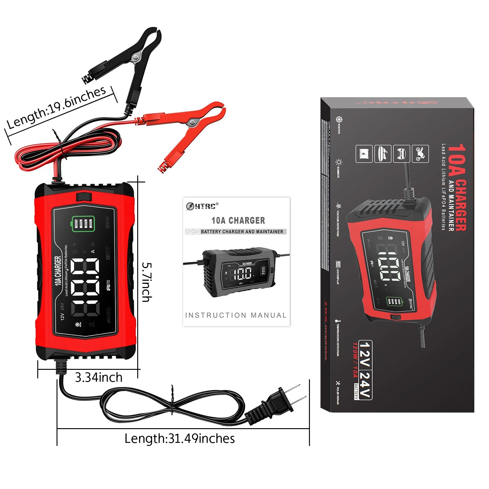 NOEIFEVO 10A Autobatterilader, 12 V/24 V, intelligent, fuldautomatisk, med reparationstilstand til biler, lastbiler, motorcykler, plæneklippere, både og skibs batterier