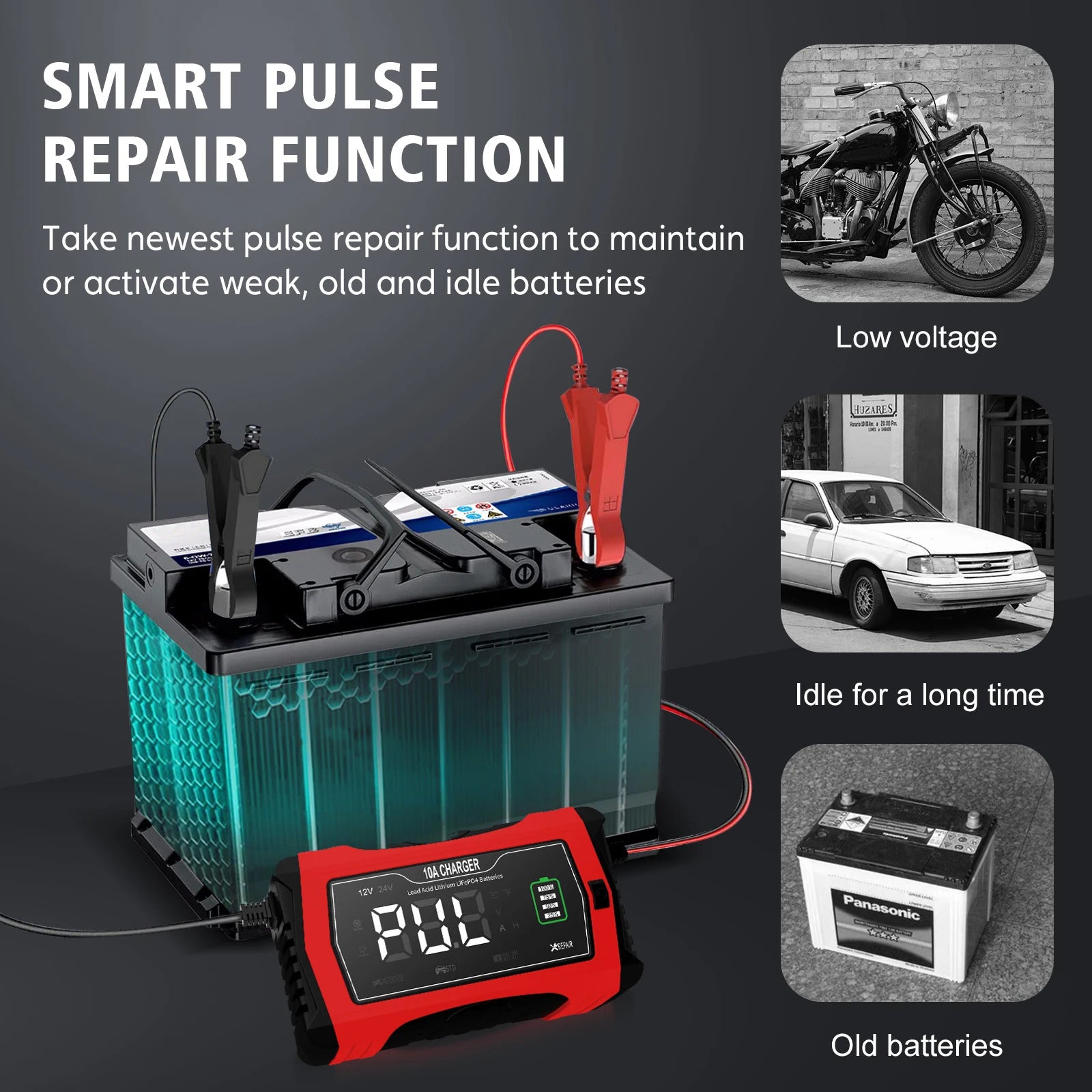 NOEIFEVO 10A Autobatterilader, 12 V/24 V, intelligent, fuldautomatisk, med reparationstilstand til biler, lastbiler, motorcykler, plæneklippere, både og skibs batterier