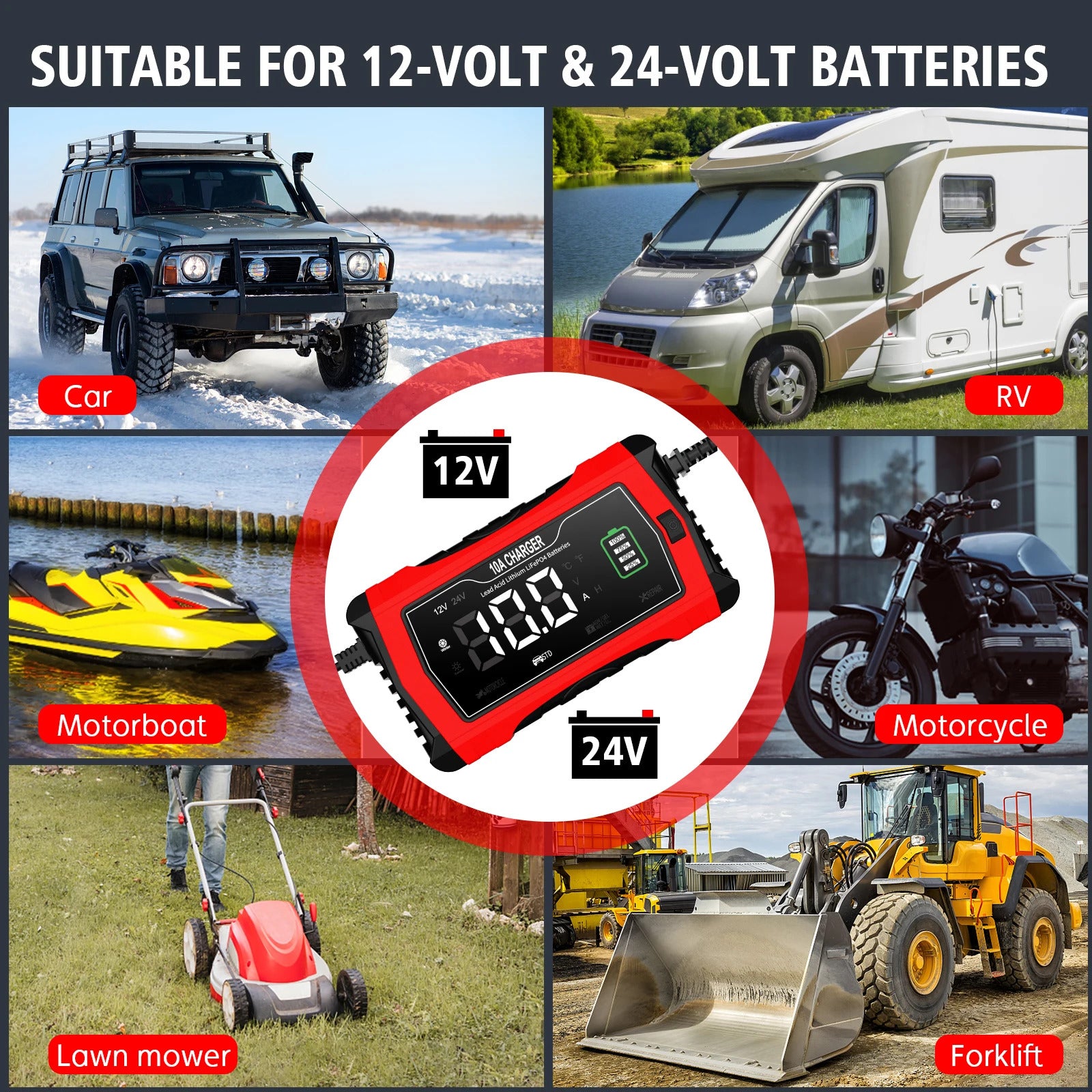 NOEIFEVO 10A Autobatterilader, 12 V/24 V, intelligent, fuldautomatisk, med reparationstilstand til biler, lastbiler, motorcykler, plæneklippere, både og skibs batterier