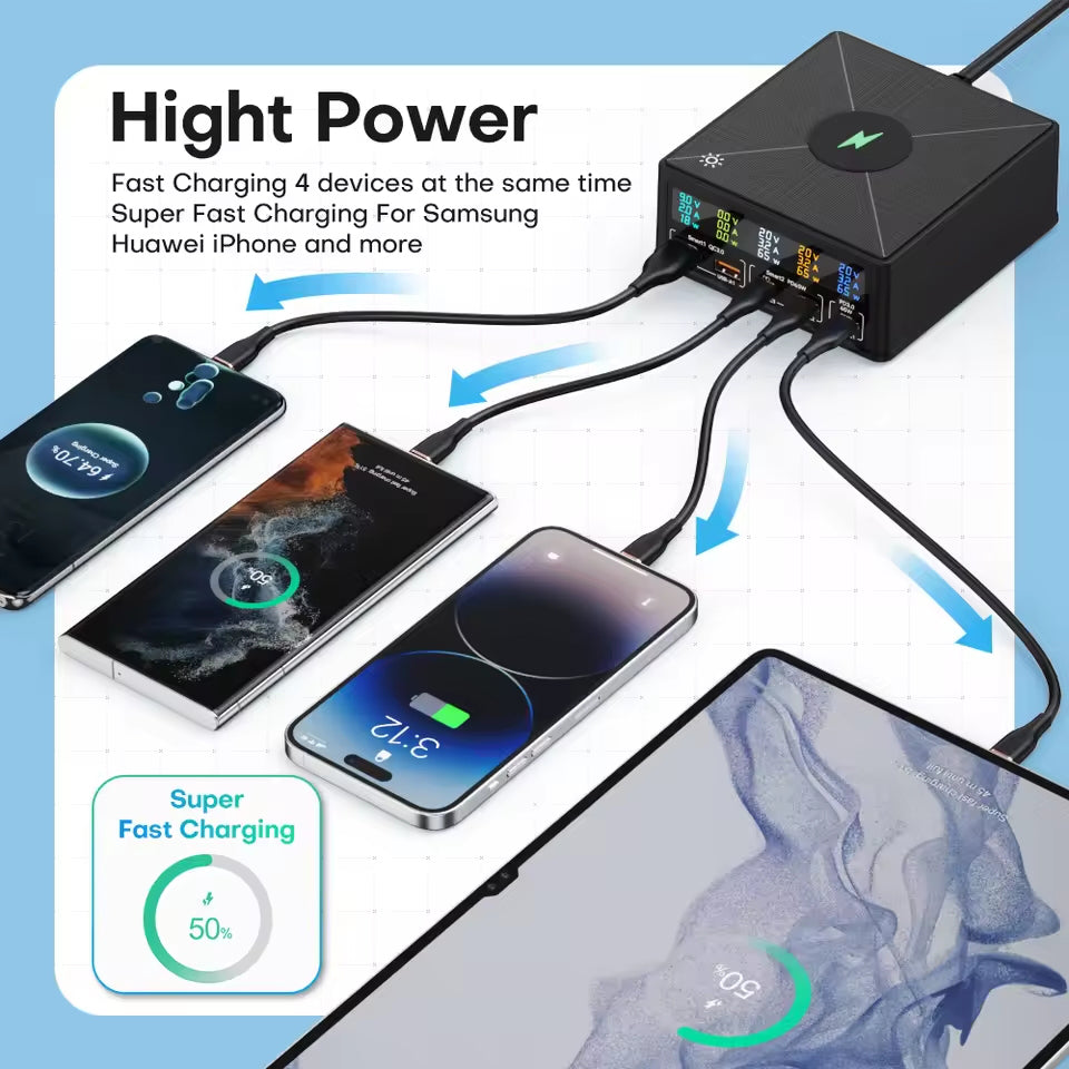 NOEIFEVO 160W 5-port USB nabíječka, 15 W bezdrátová nabíjecí stanice, PD 65W QC3.0 Type-C rychlá nabíječka, kompatibilní s iPhone, MacBookem, Samsungy, notebooky a všemi chytrými telefony a elektrickými zařízeními